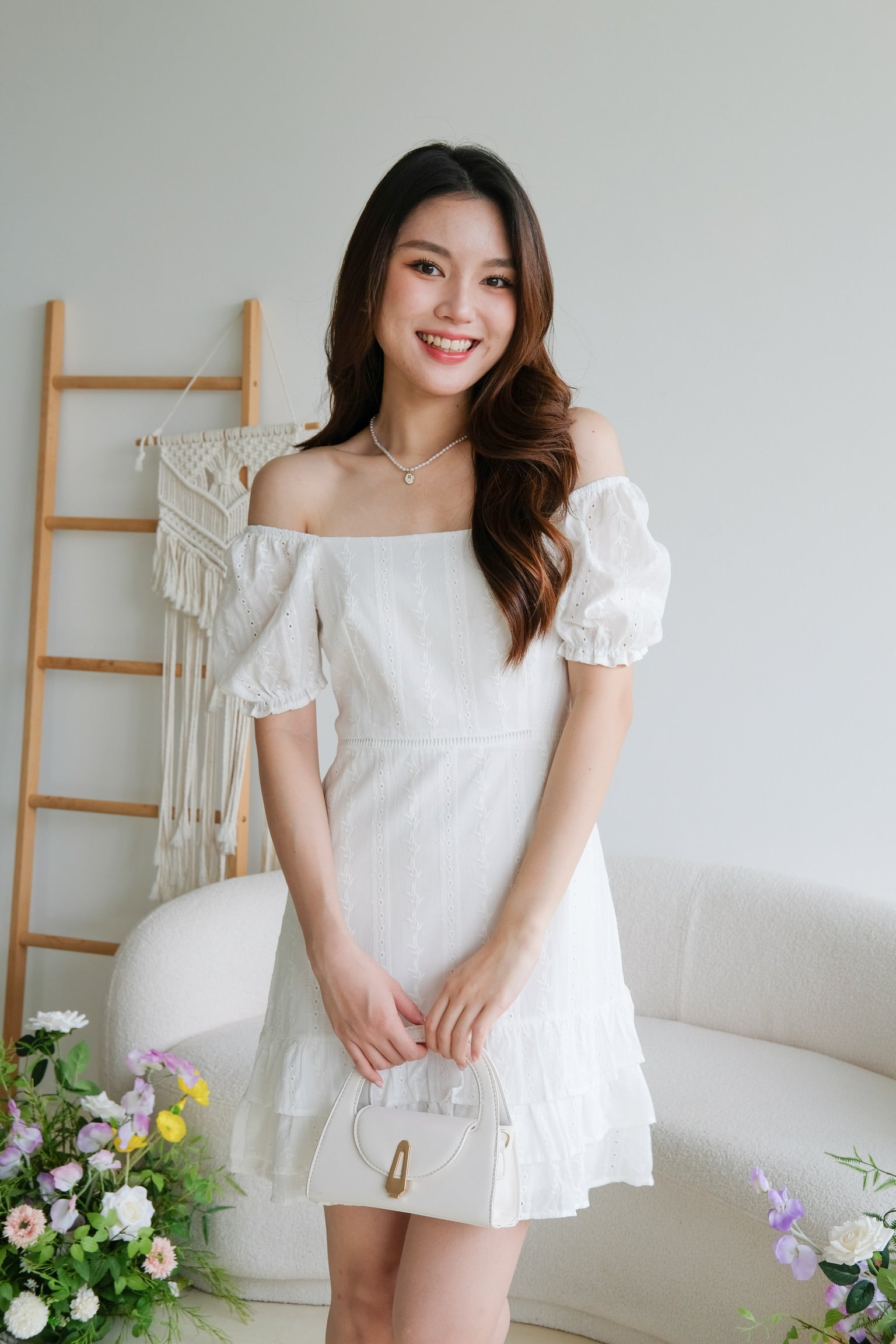 Evelyn Eyelet Ruffle Dress (White)