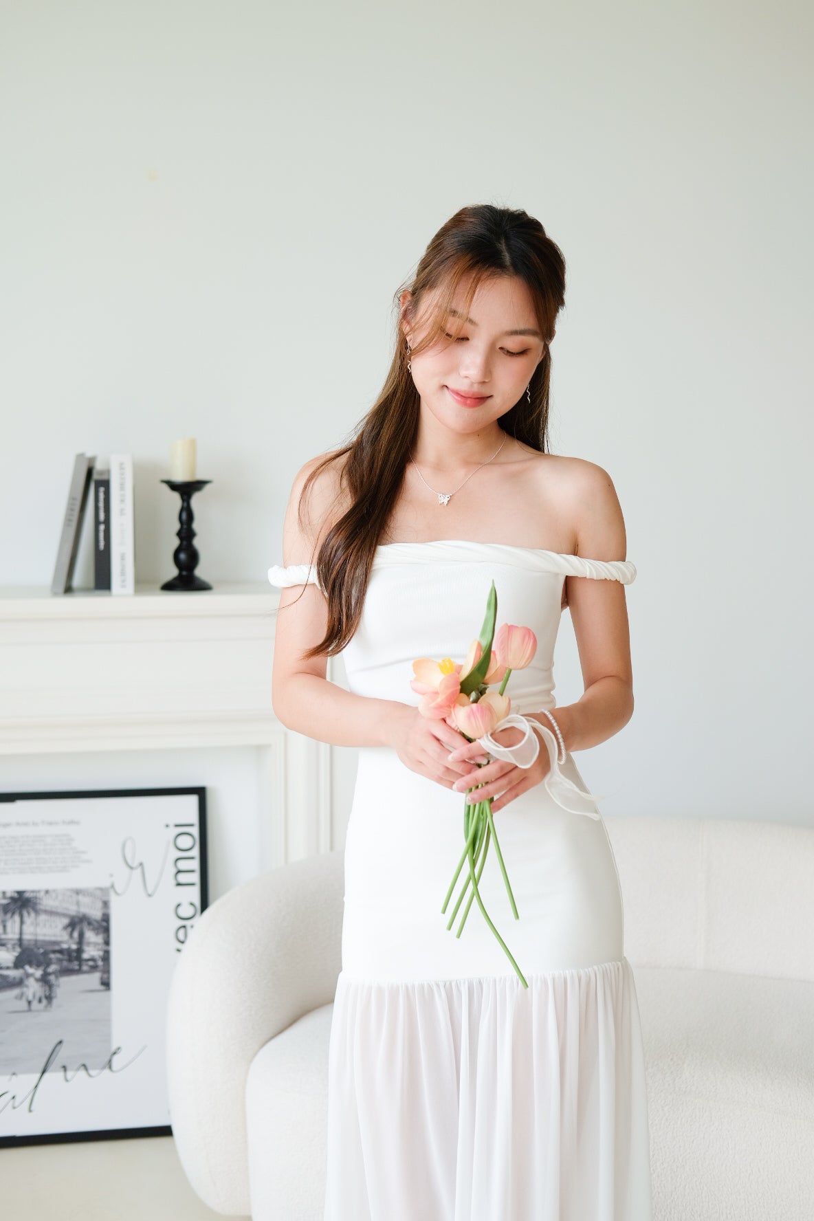 Kim Twist Off Shoulder Bodycon Maxi Dress (White)
