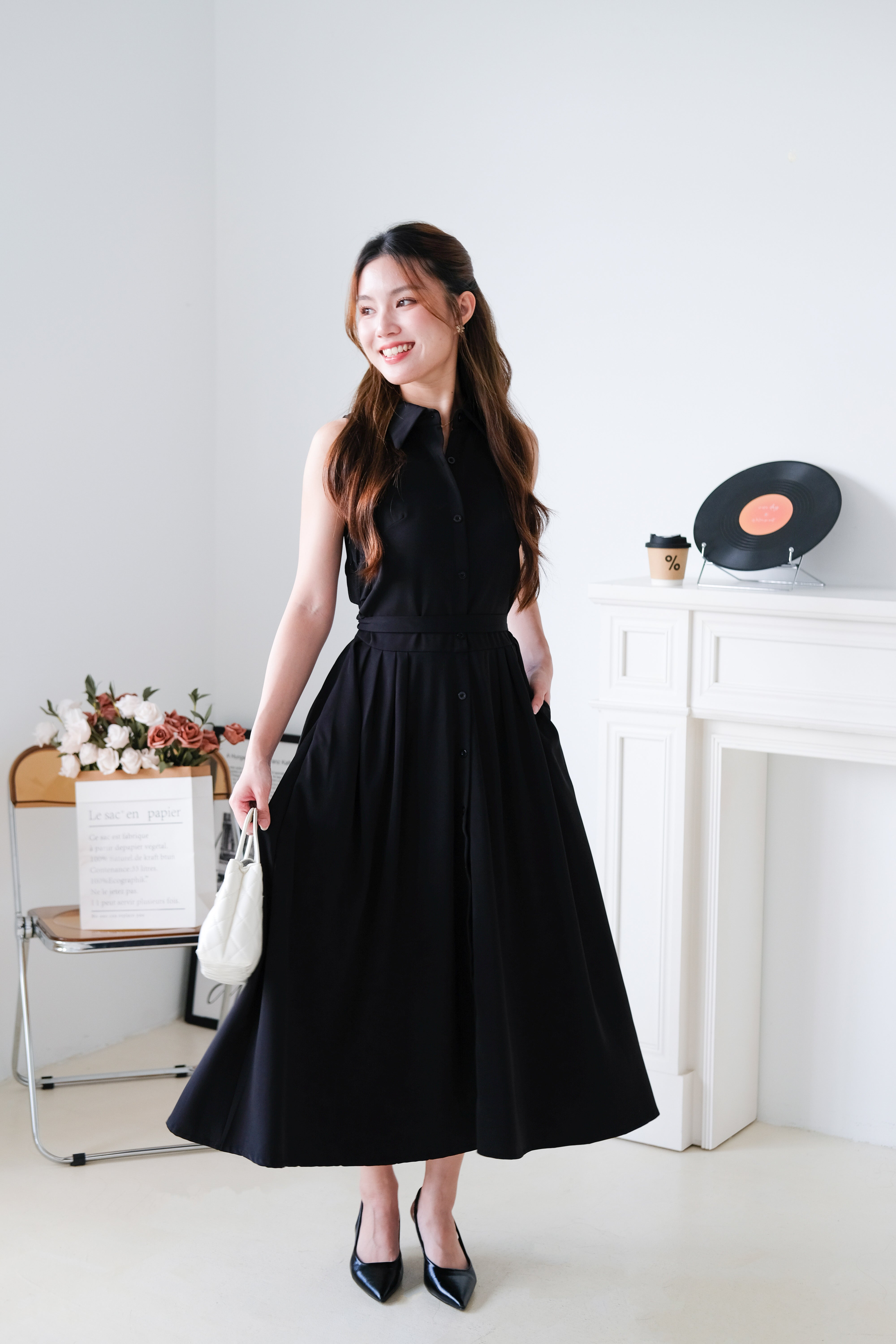 Camille Cinched Waist Collared Maxi Dress (Black)