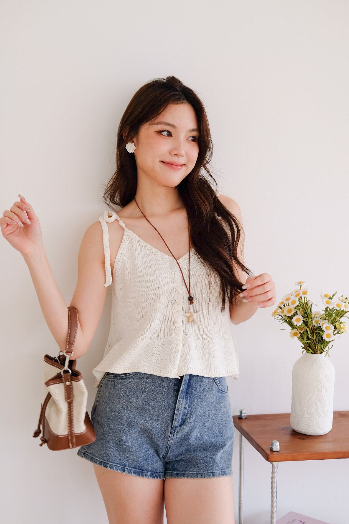 Gracie Self Tie Button Knit Top (Cream)
