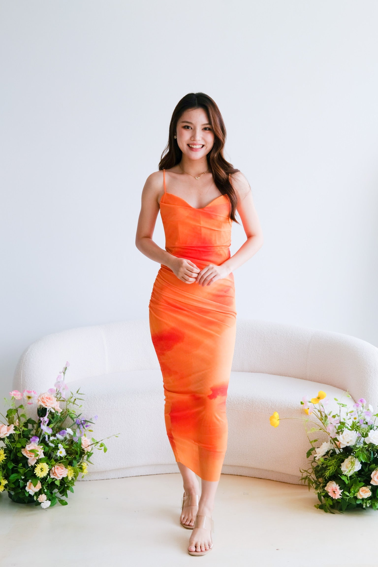 Lindsay Ombre Cowl Mesh Dress (Tangerine)