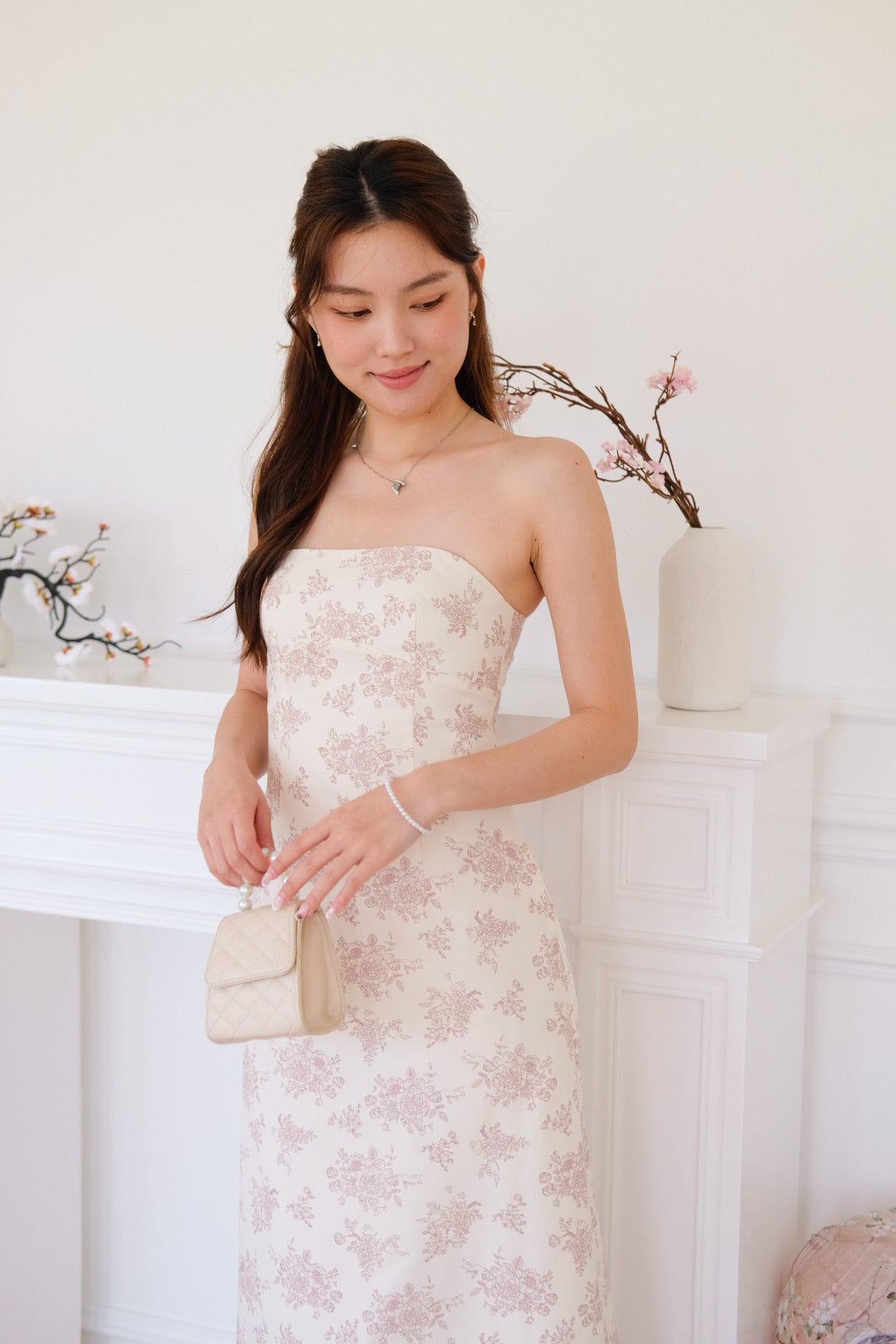 [ETA 12-16 Jan] Nathania Floral Tube Padded Maxi Dress (Pale Red)