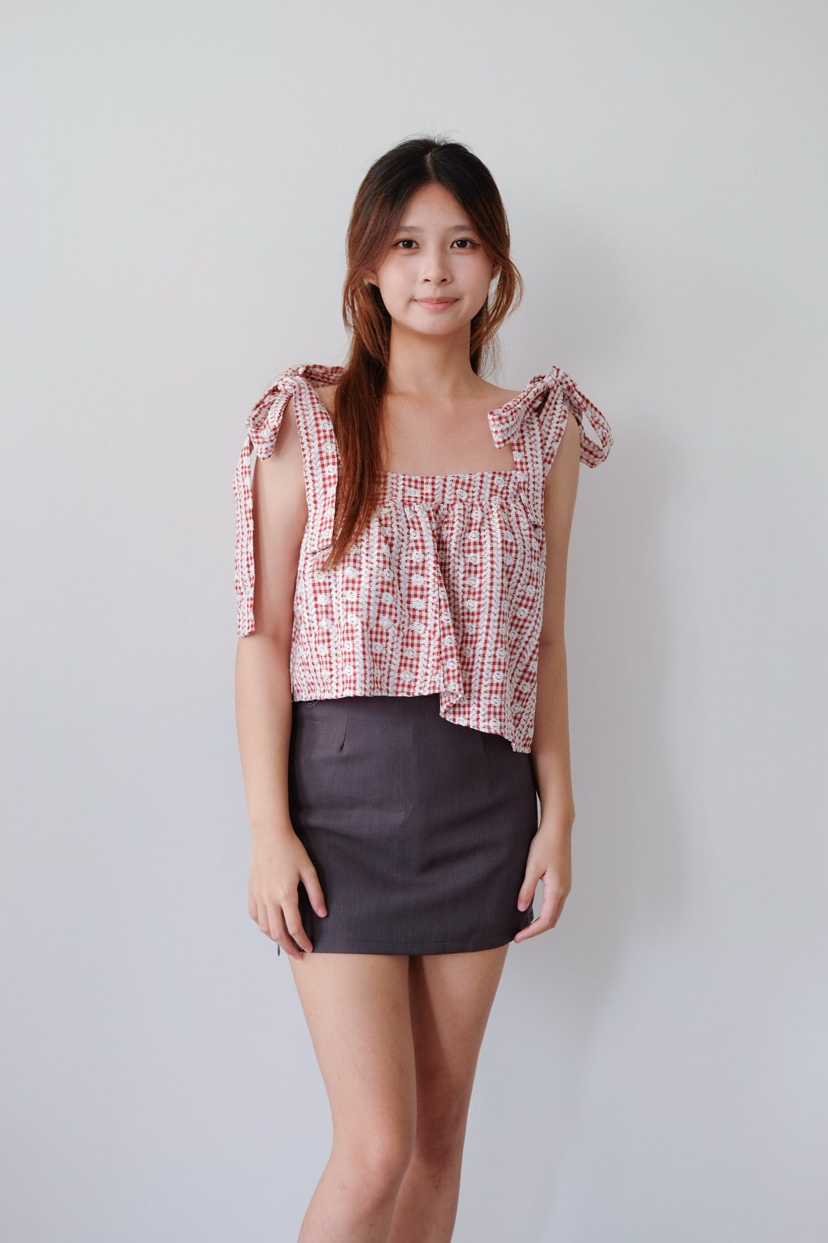 Red Plaid Self Tie Ribbon Babydoll Top