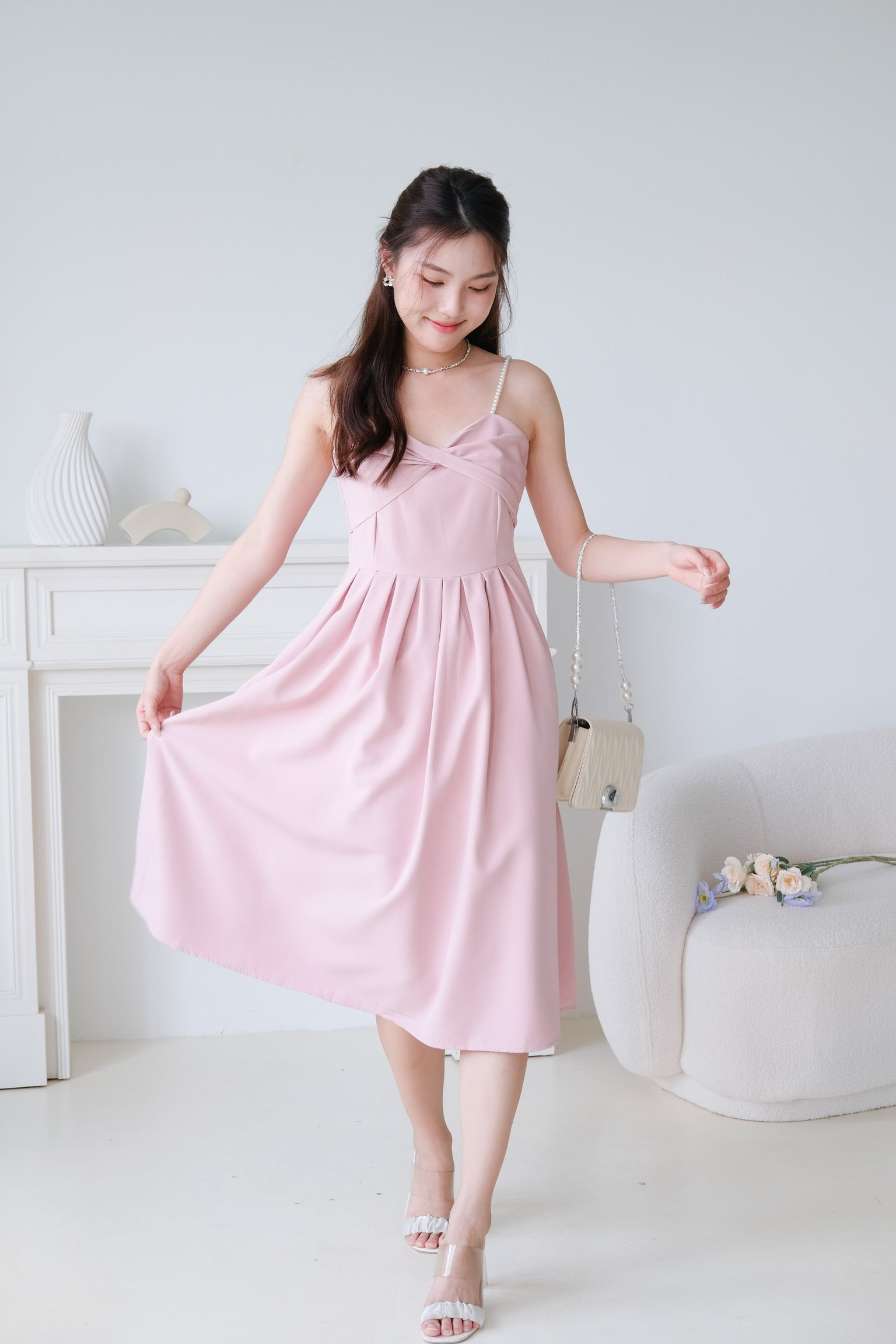 Mia Twist Sweetheart Pearl Midi Dress (Dusty Pink)