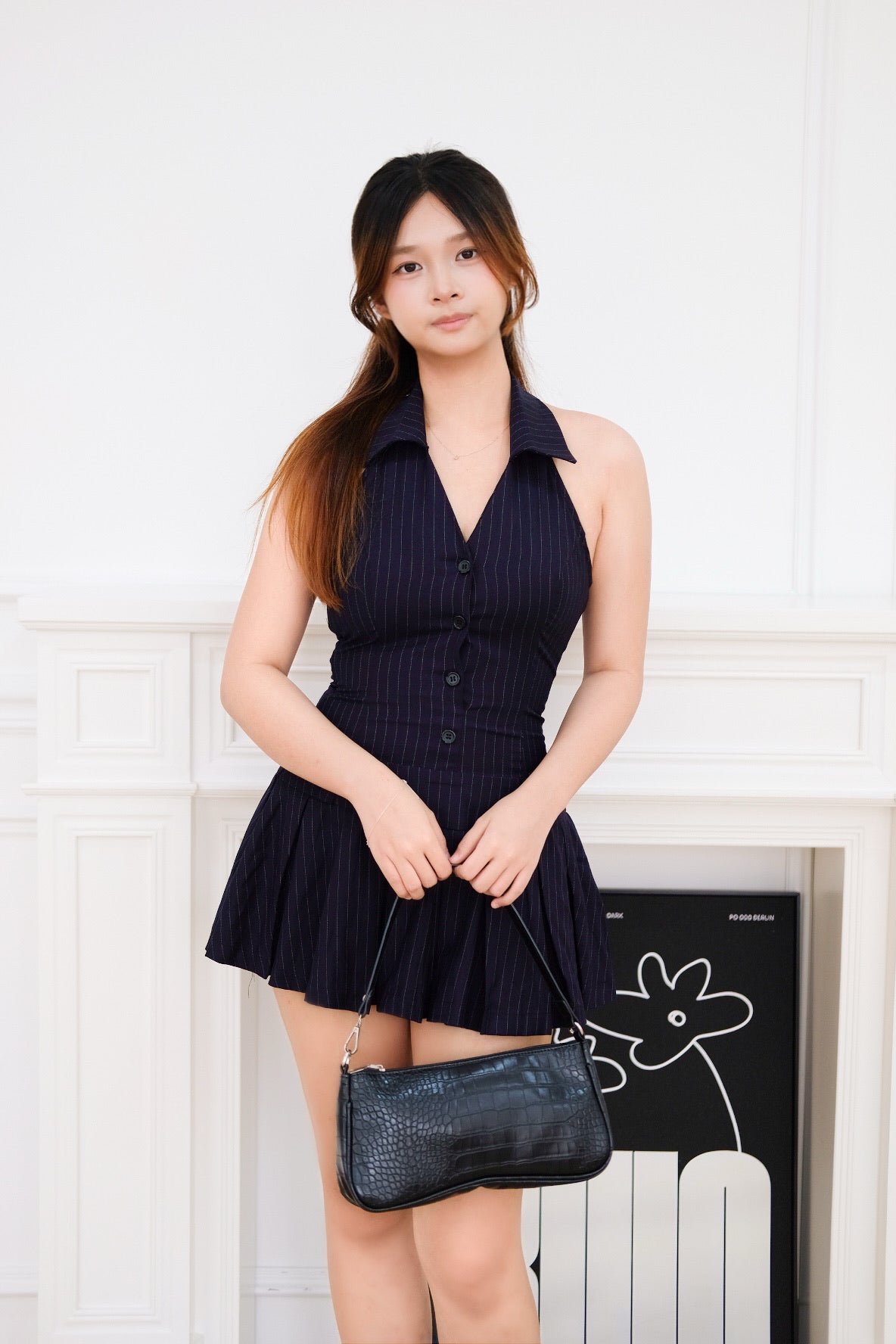 Halter Stripes Mini Dress (Navy Blue)