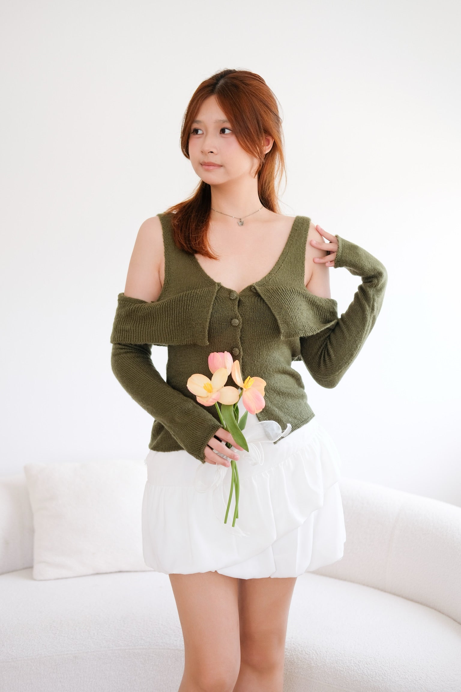Green Knit Cold Shoulder Long Sleeves Top