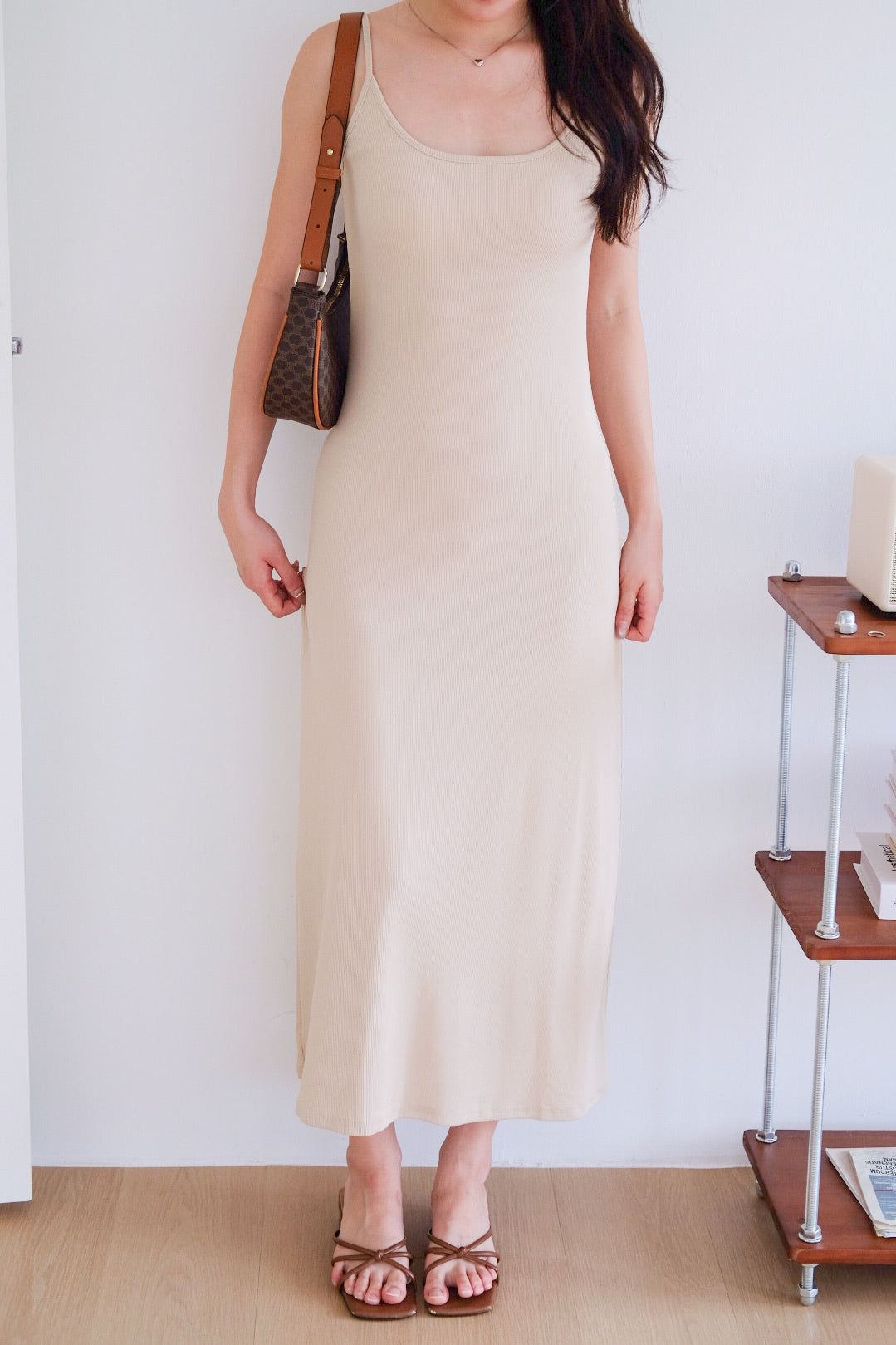 Jocelyn Padded Ribbed A Line Dress (Oat Beige)