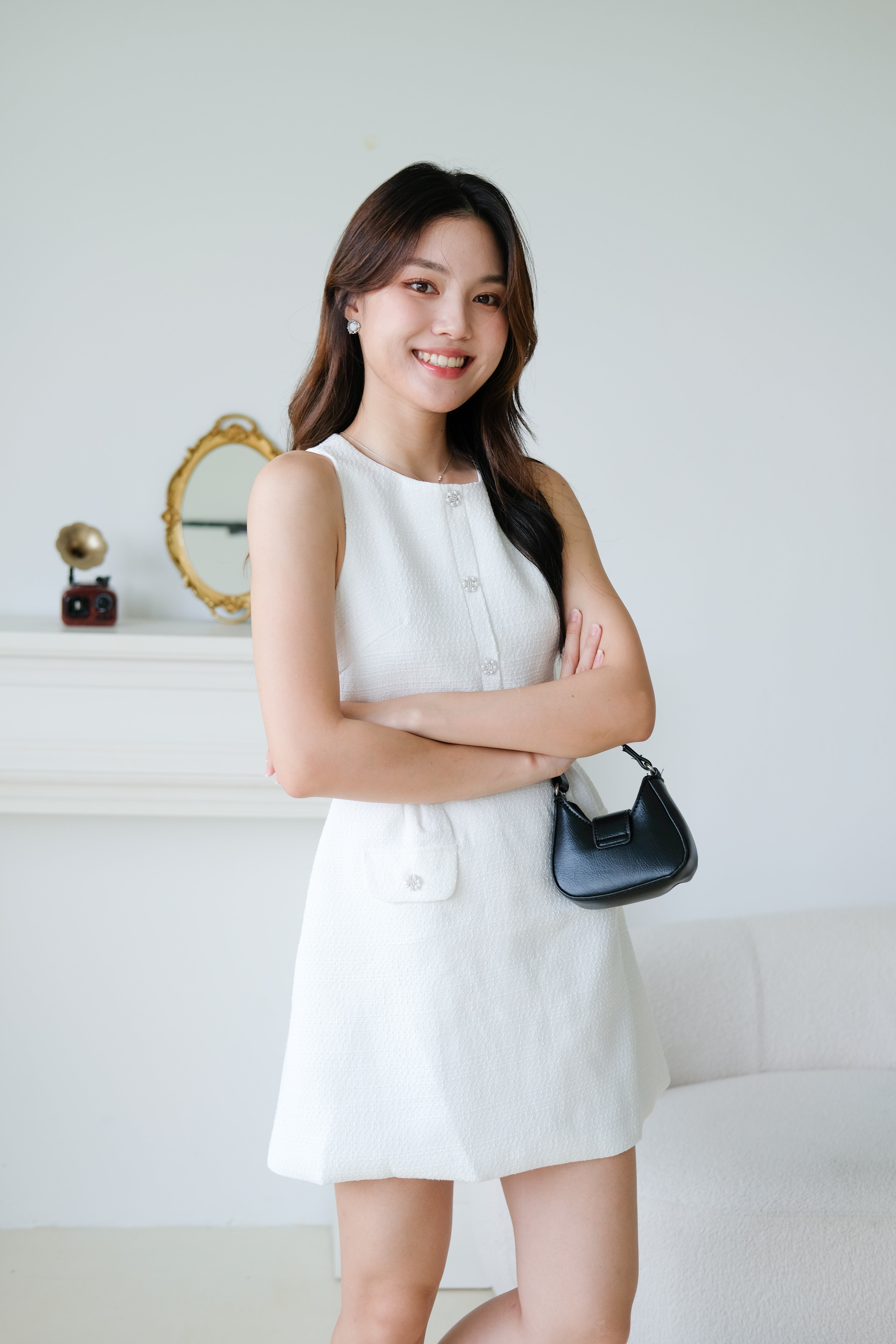 Pearly Tweed Halter Dress (White)