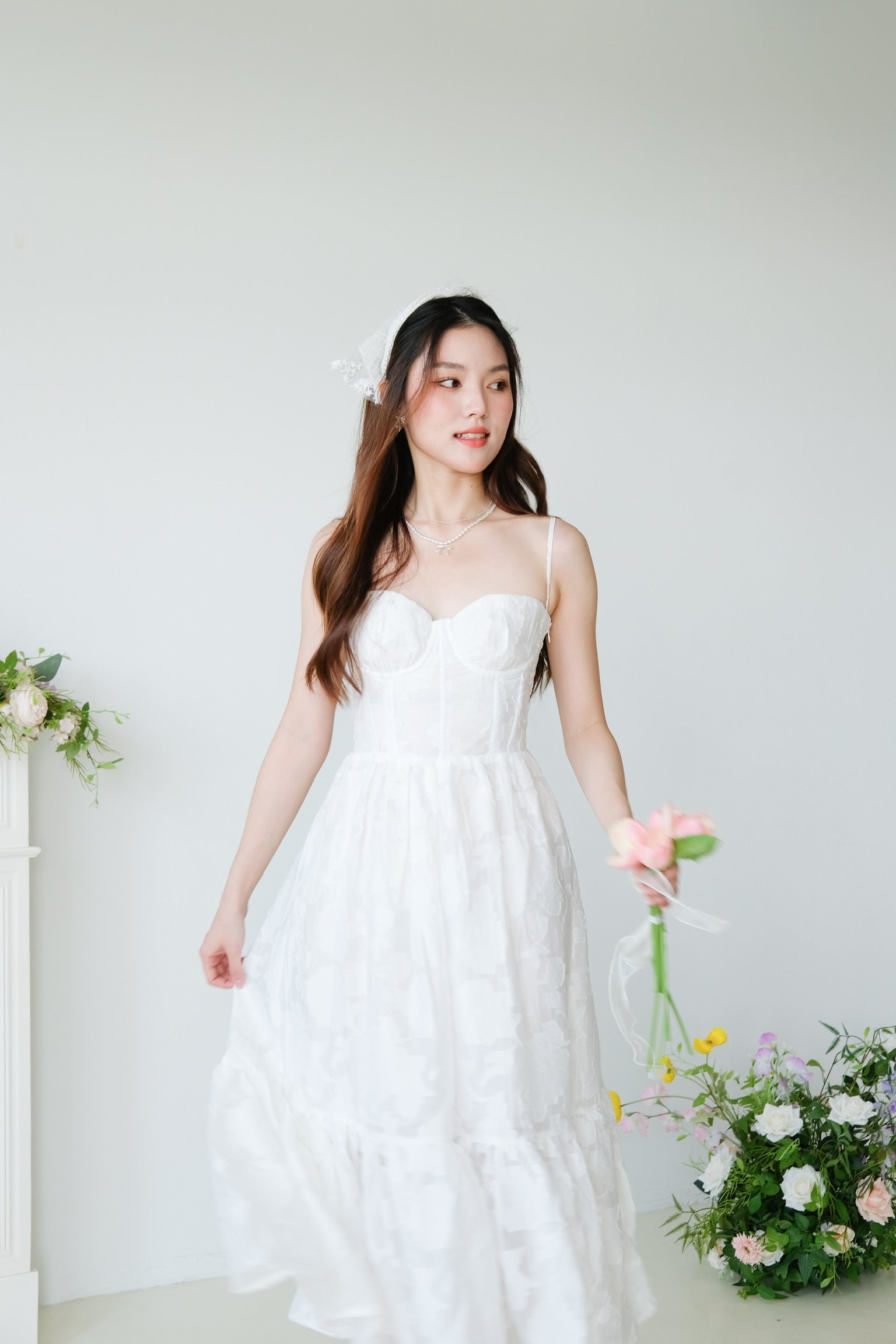 Natalia Floral Organza Midaxi Dress (White)