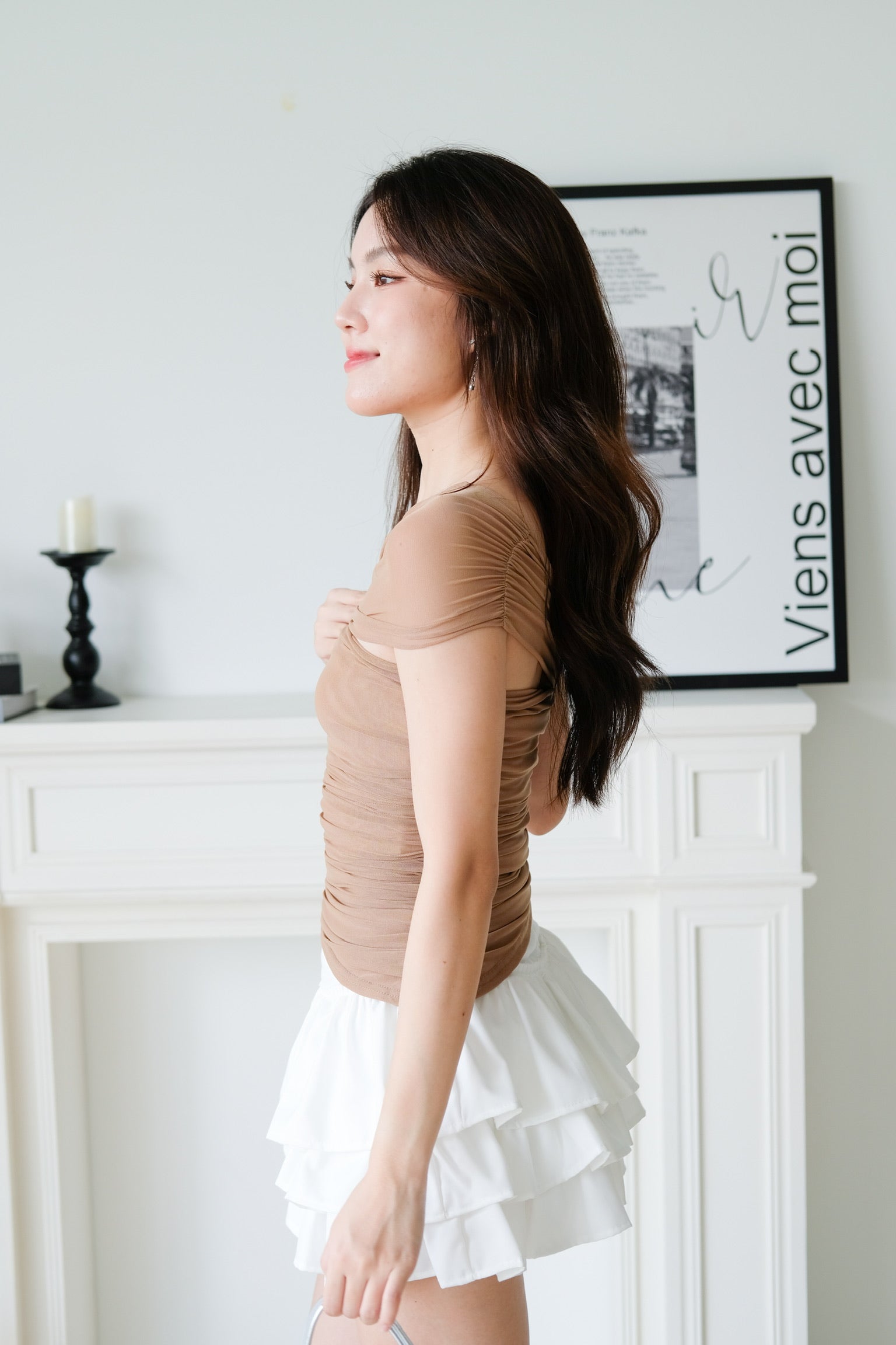 Vesper Toga Bodycon Chiffon Top (Khaki)