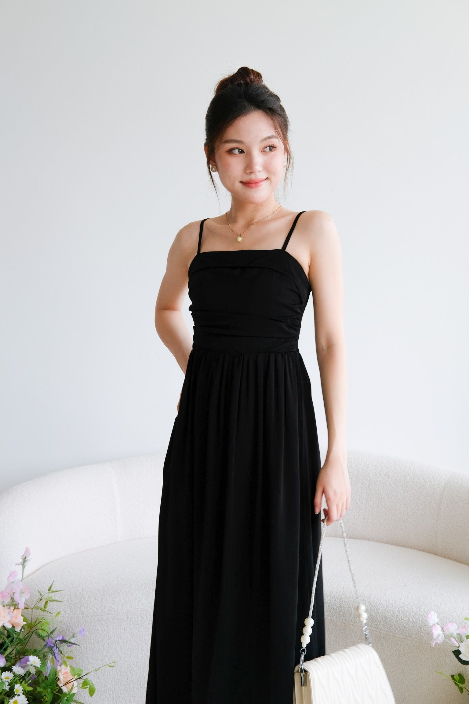 Helen Ruched Flare Maxi Dress (Black)