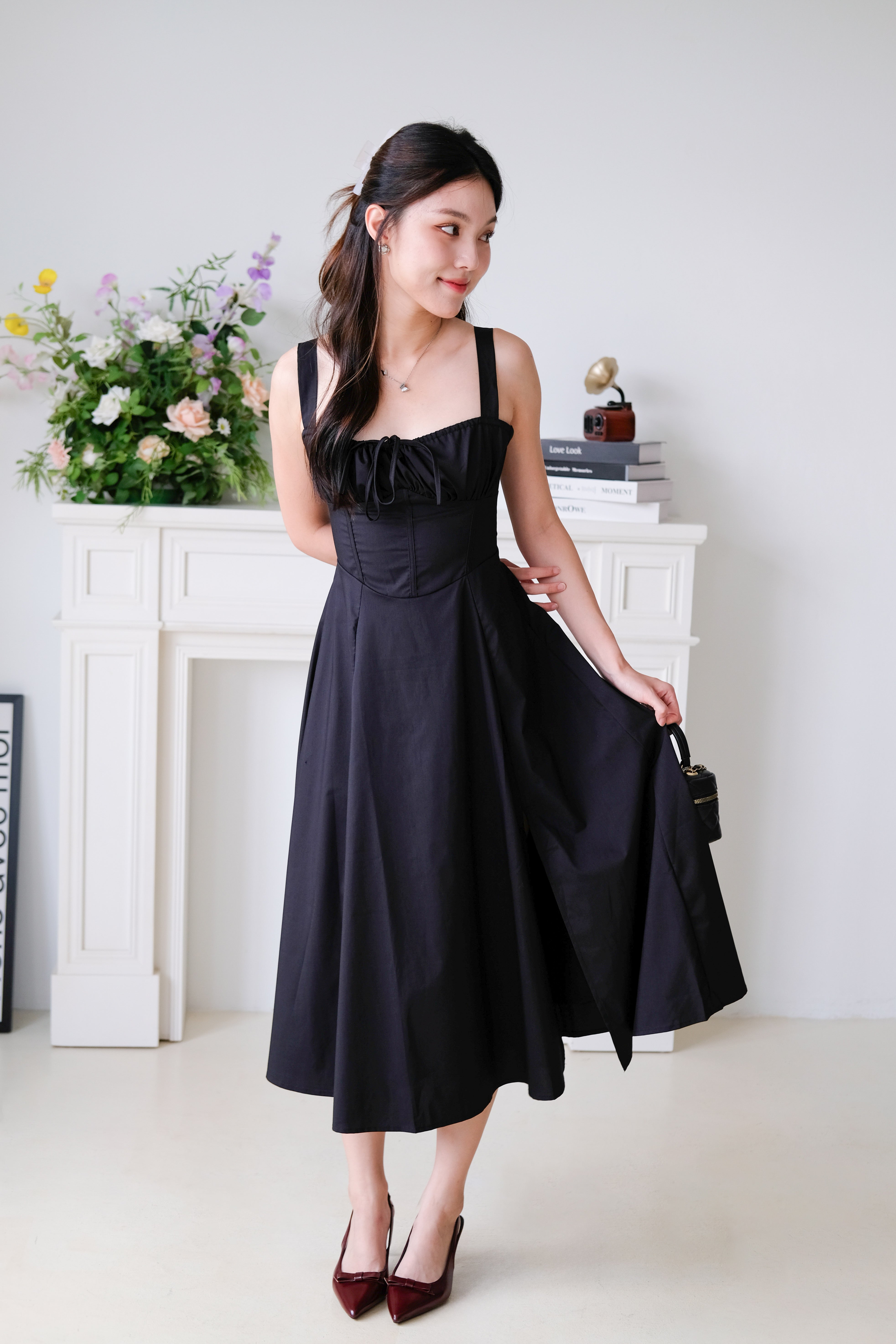 Claire Ruched Slit Midaxi Dress (Black)