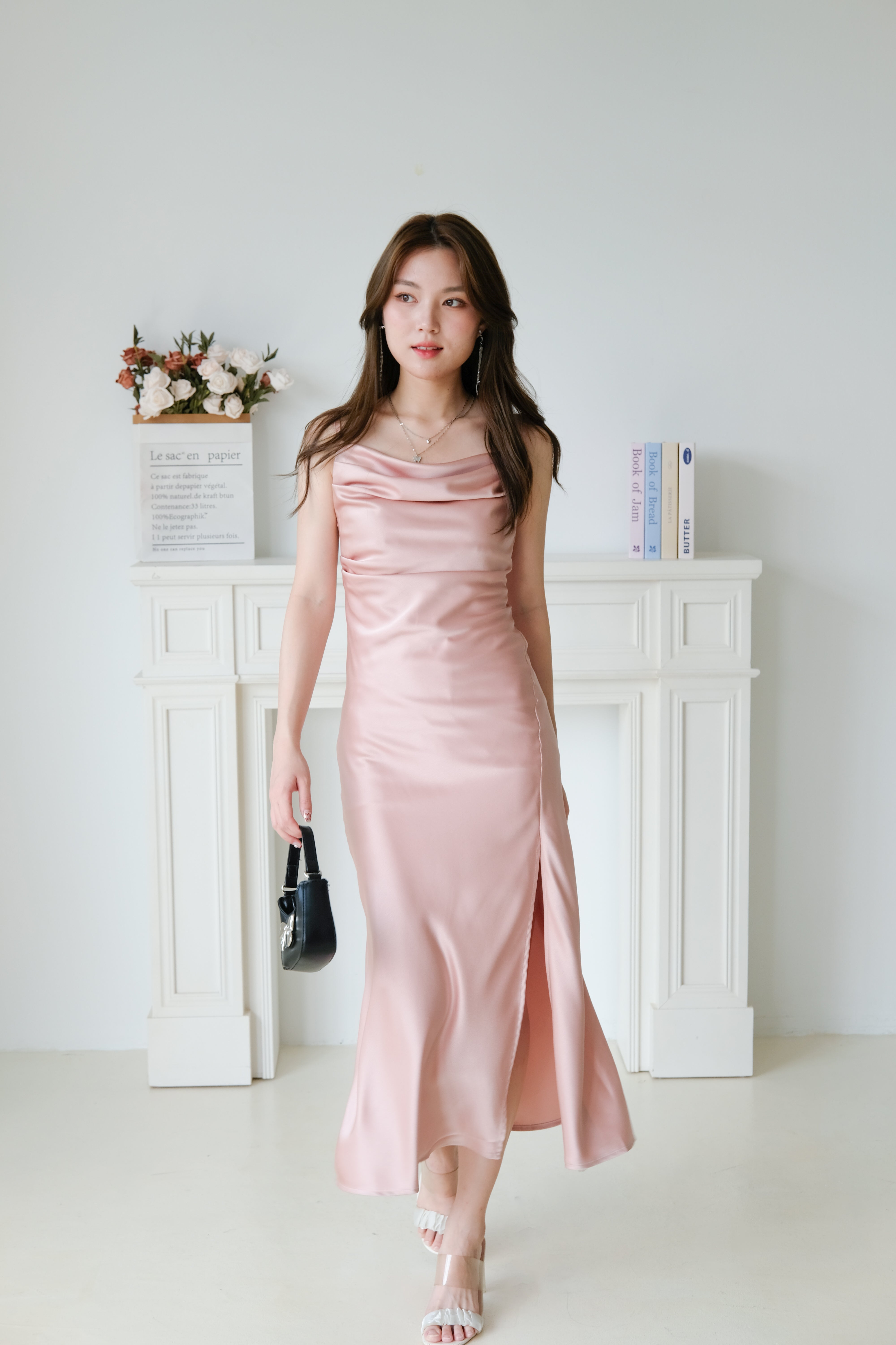 Angel Draped Mermaid Satin Midi Dress (Dusty Pink)