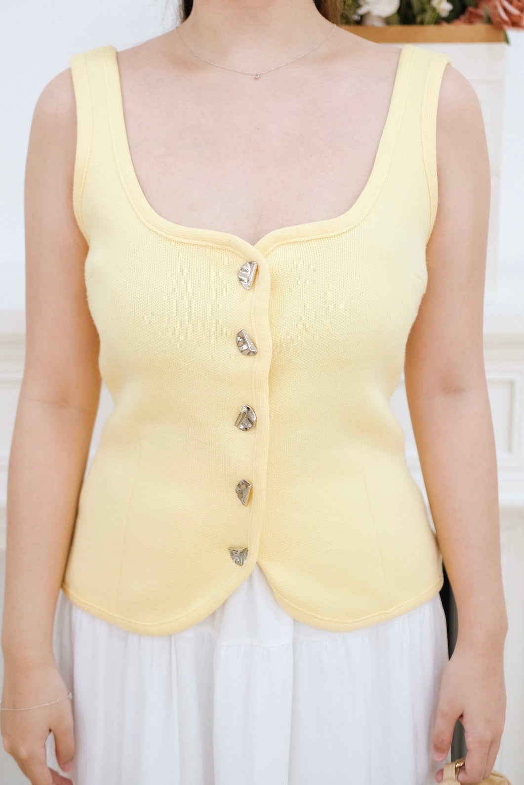 Yellow Sleeveless Gold Button Top