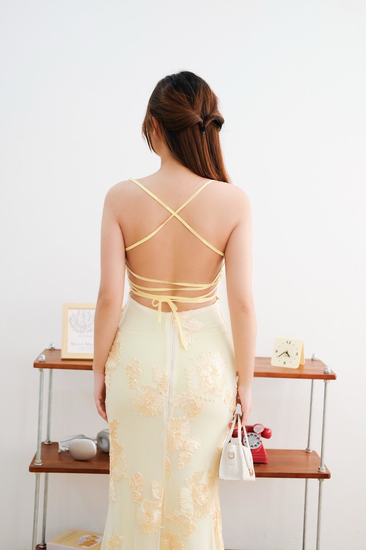 Yellow Floral Embroidered Mesh Maxi Dress