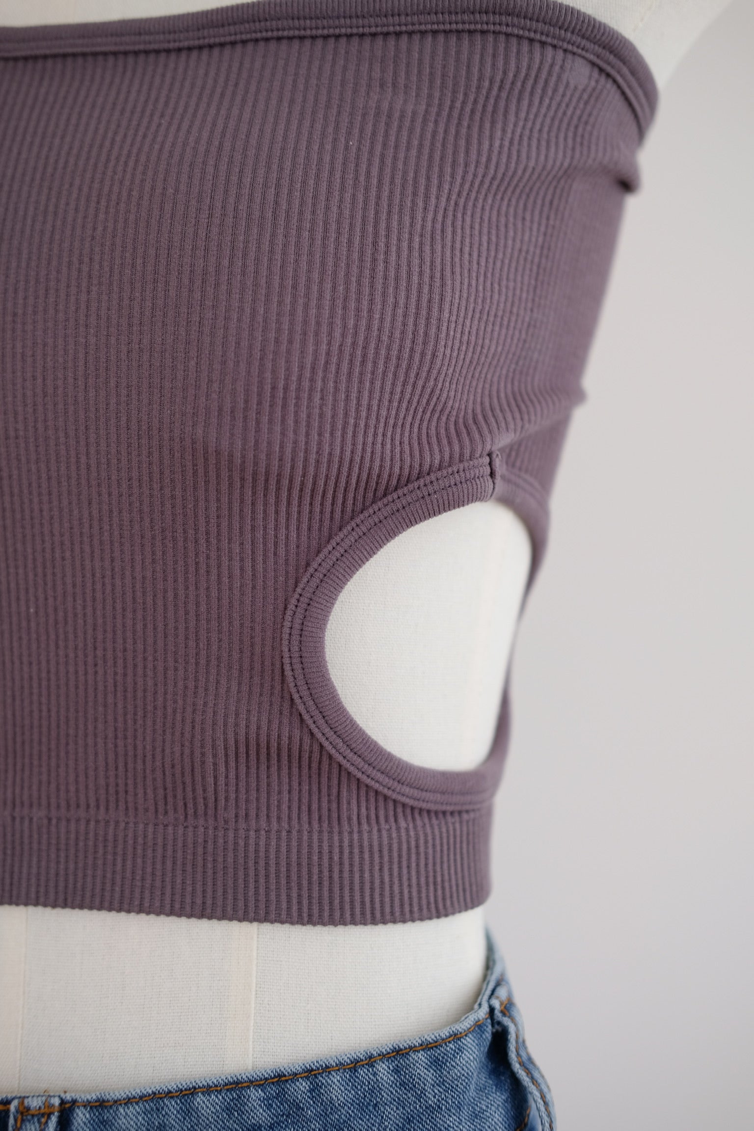 One-Shoulder Padded Cutout Knit Top (Grey)