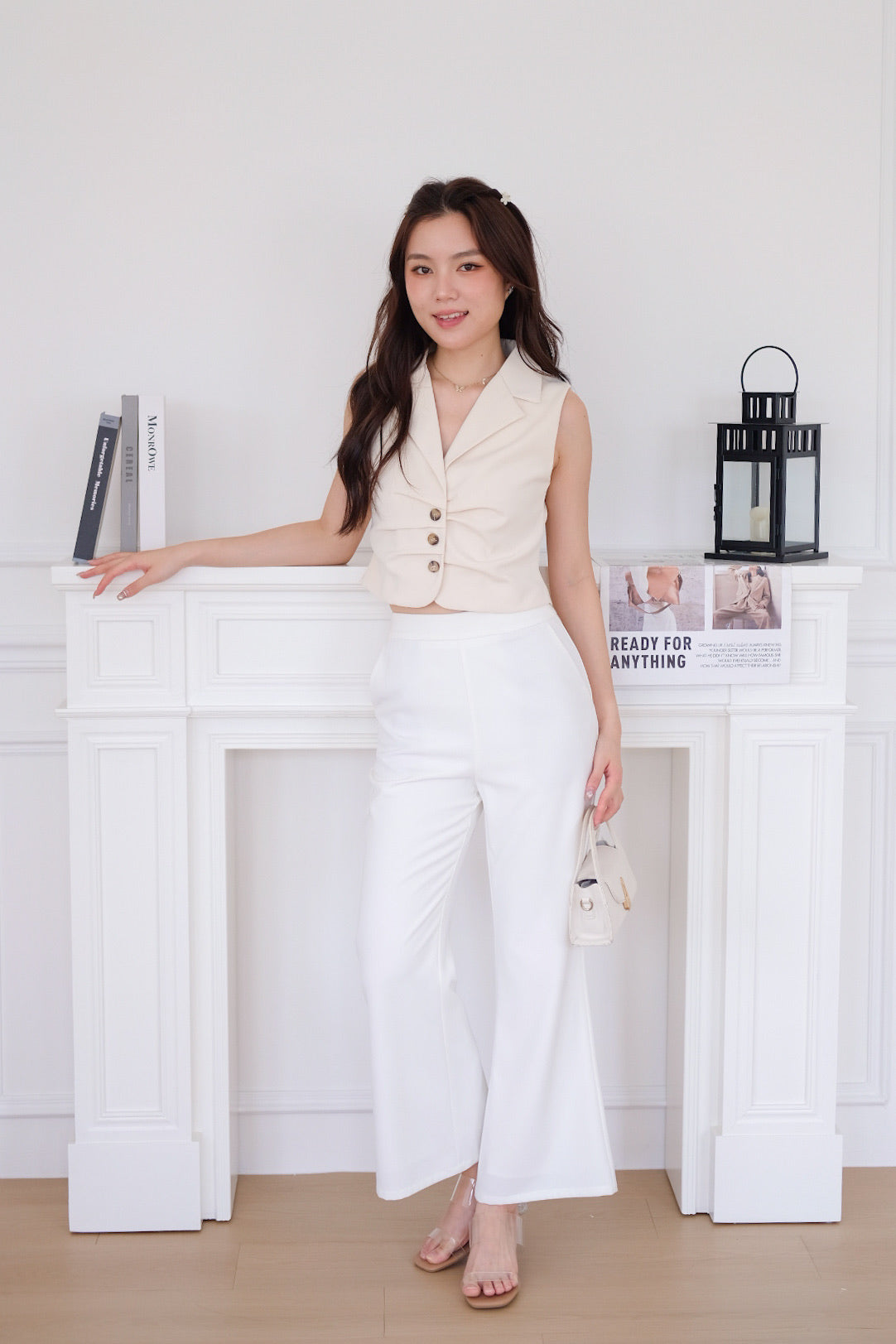 Noel Collared Crepe Vest Top (Beige)