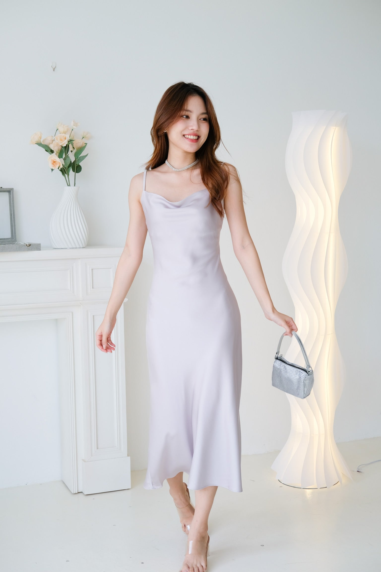 Elara Draped Satin Slip Dress (Silver)