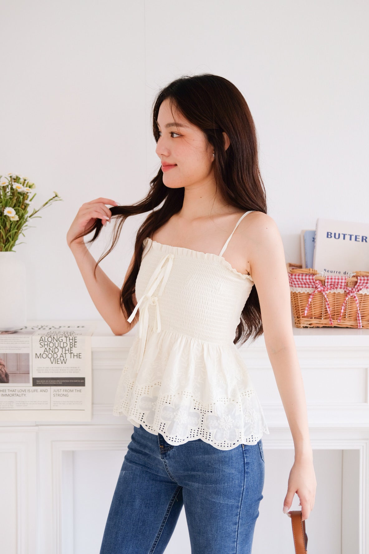 Selina Smocked Ribbon Eyelet Top (Light Yellow)