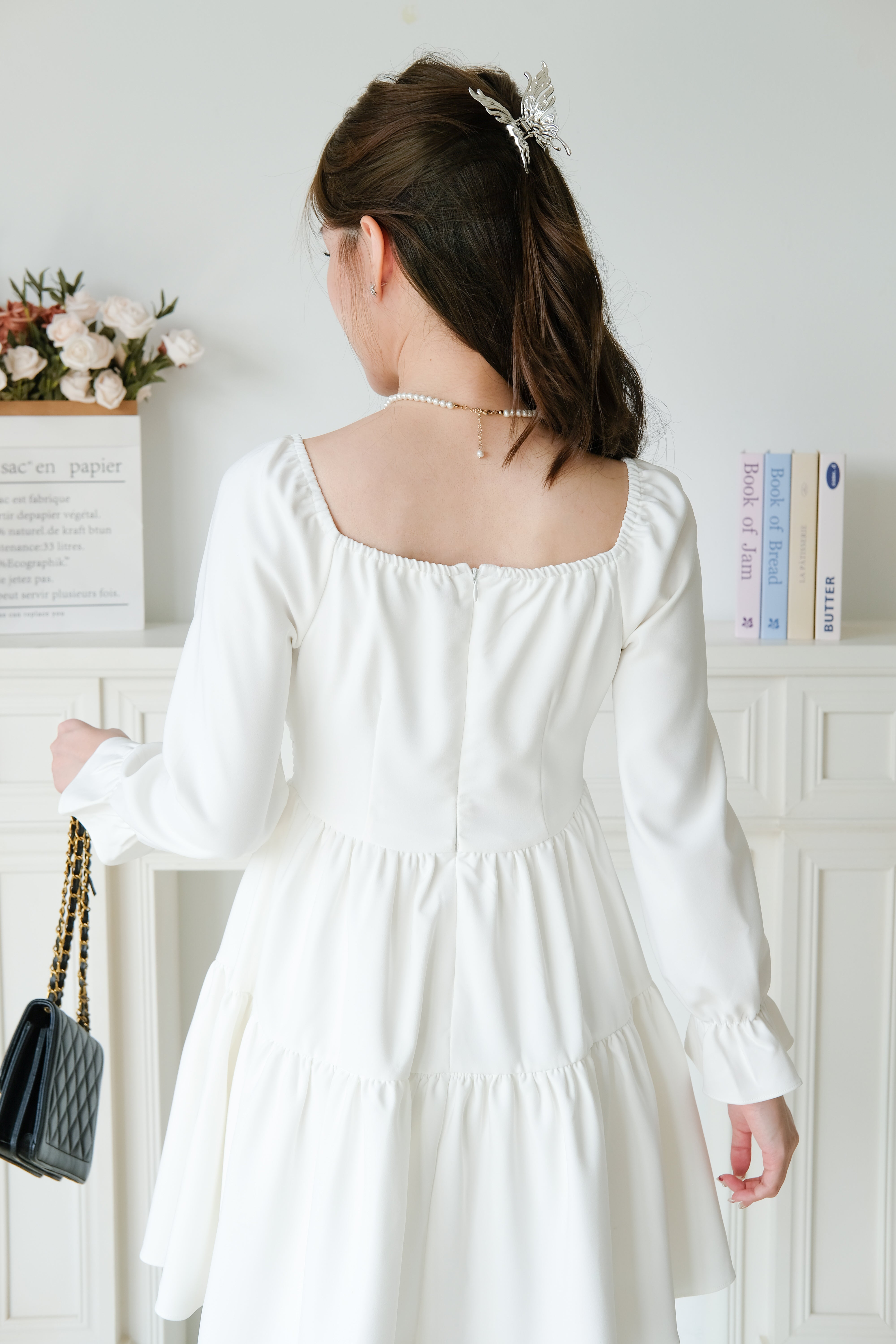 Destiny Ruched Long Sleeves Dress (White)