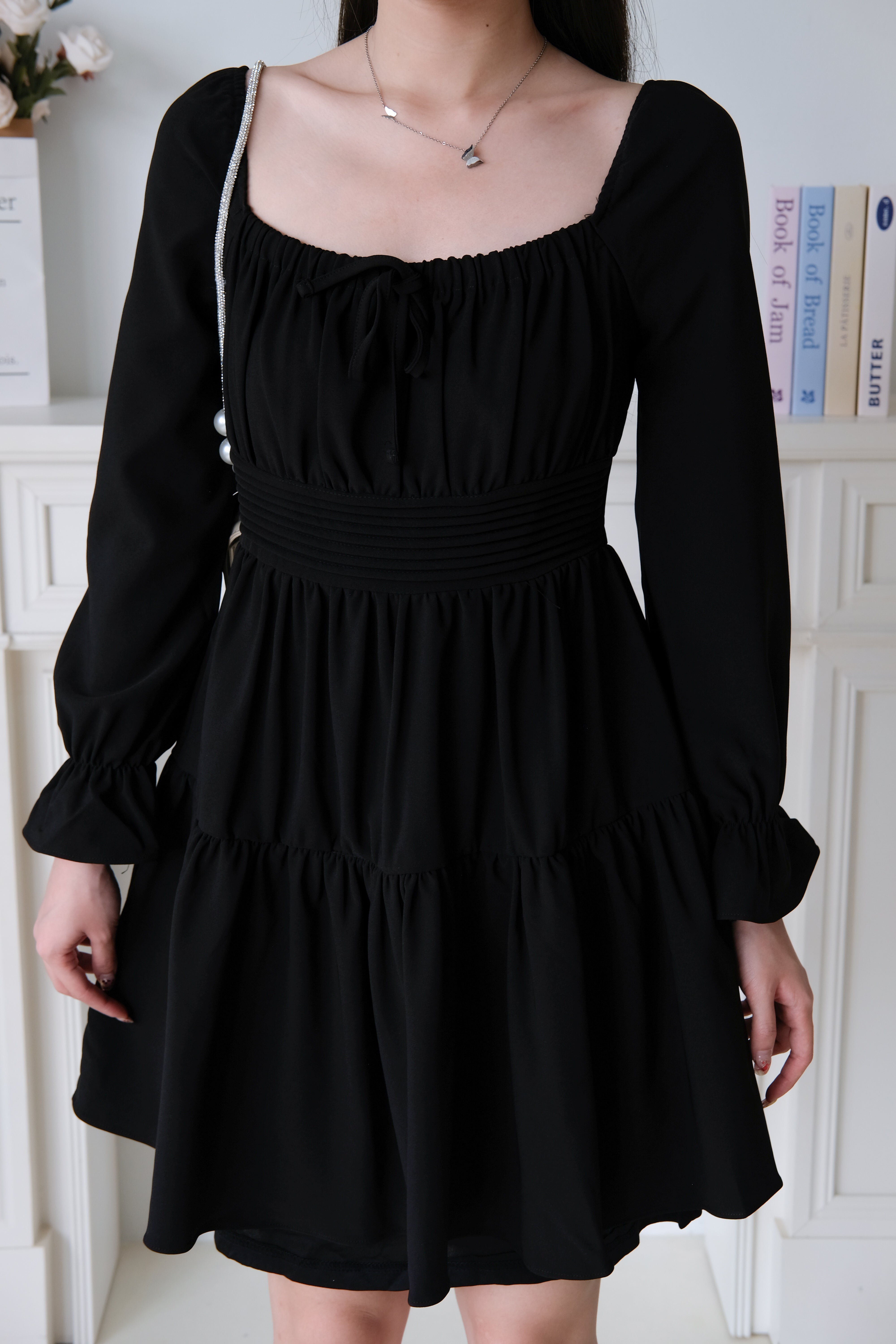 Destiny Ruched Long Sleeves Dress (Black)