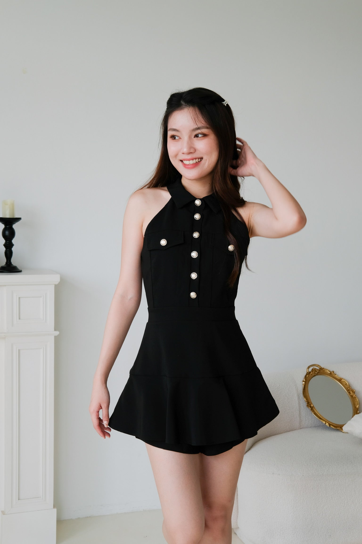 Dionne Gold Button Collared Romper (Black)