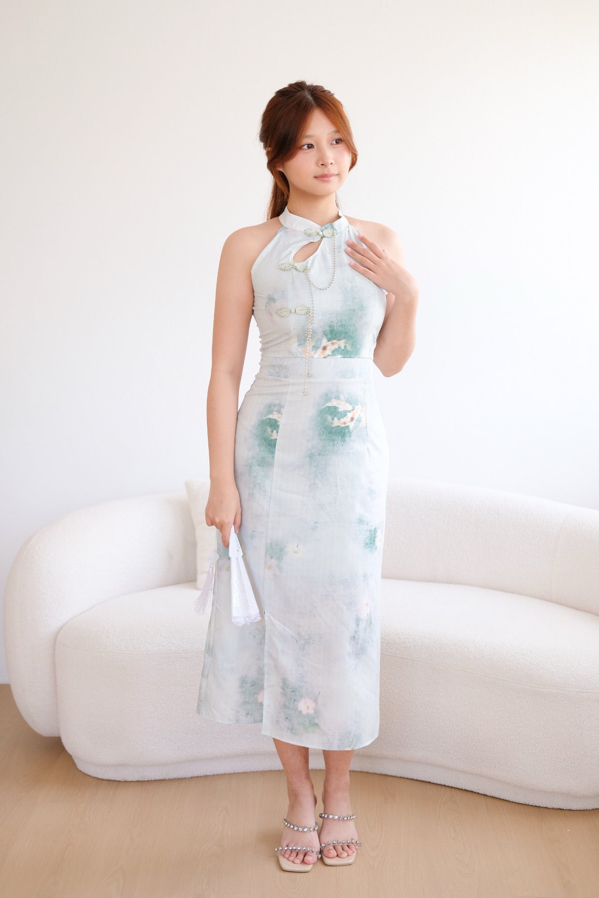 Mint Pearl Slit Maxi Cheongsam