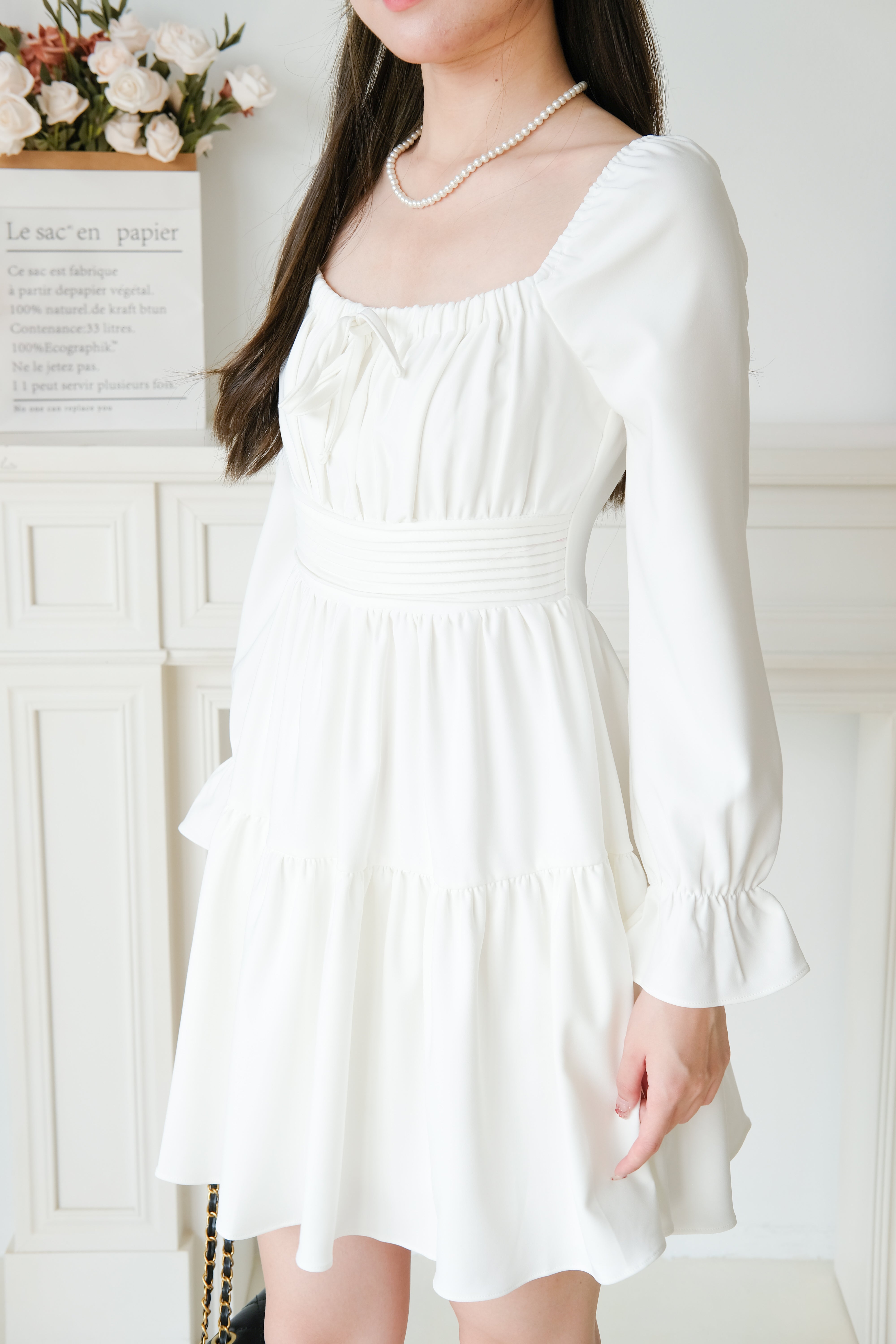 Destiny Ruched Long Sleeves Dress (White)