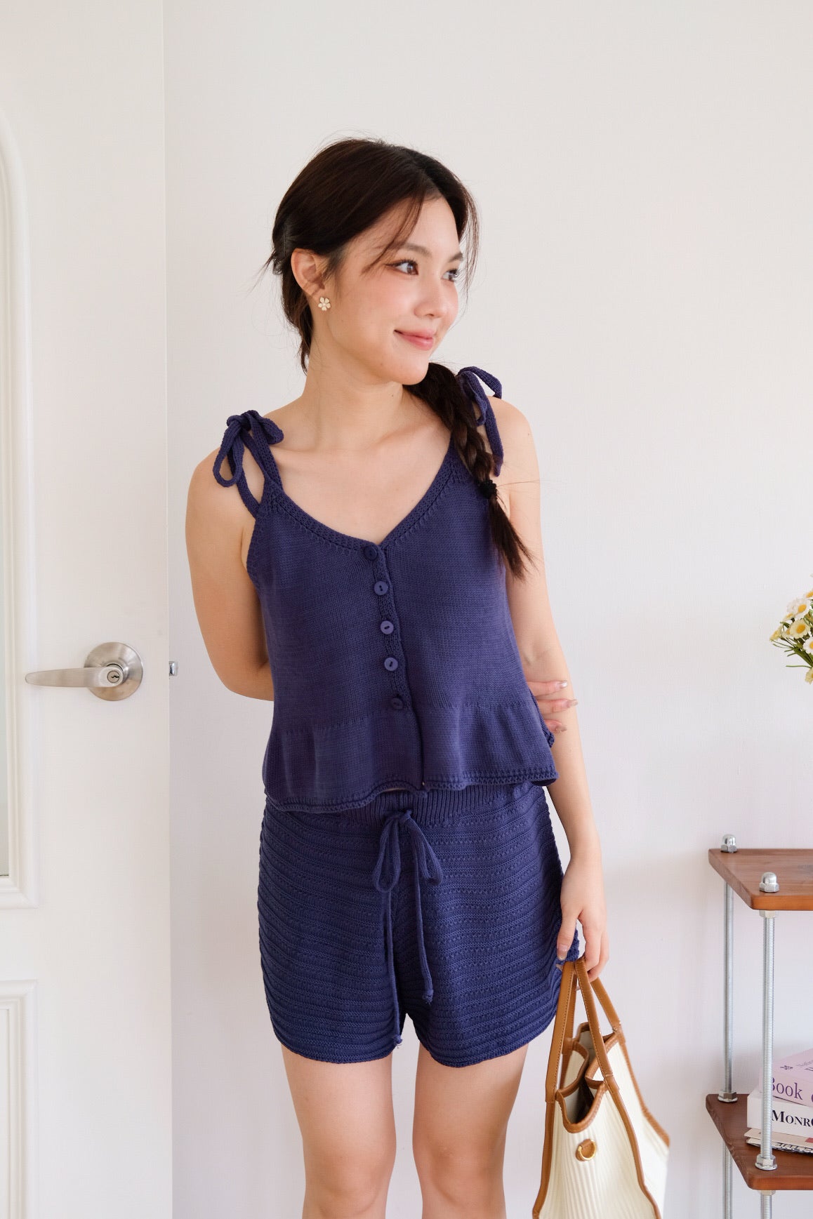 Gracie Self Tie Button Knit Top (Navy Blue)