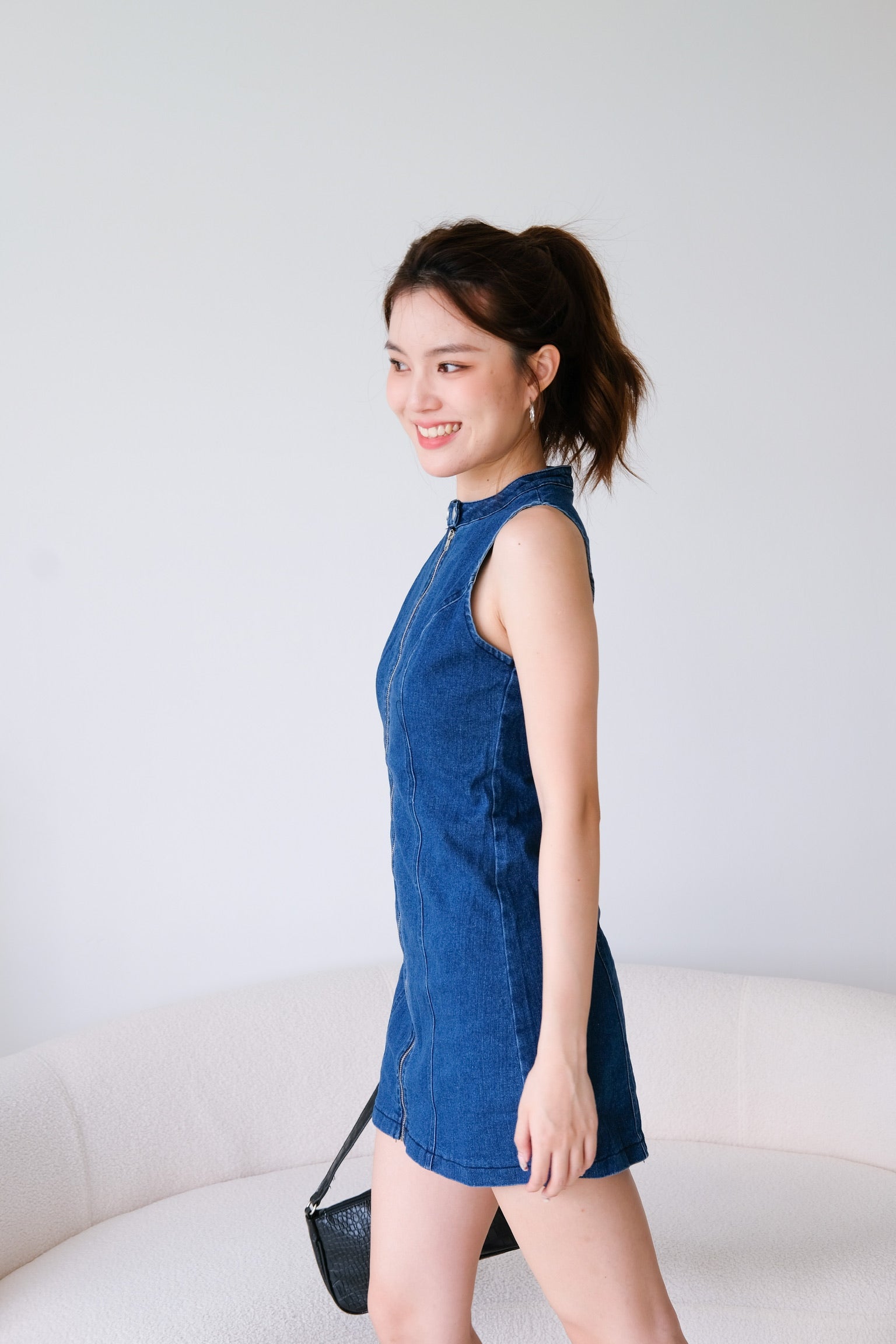 Joee High Neck Denim Dress (Dark Denim)