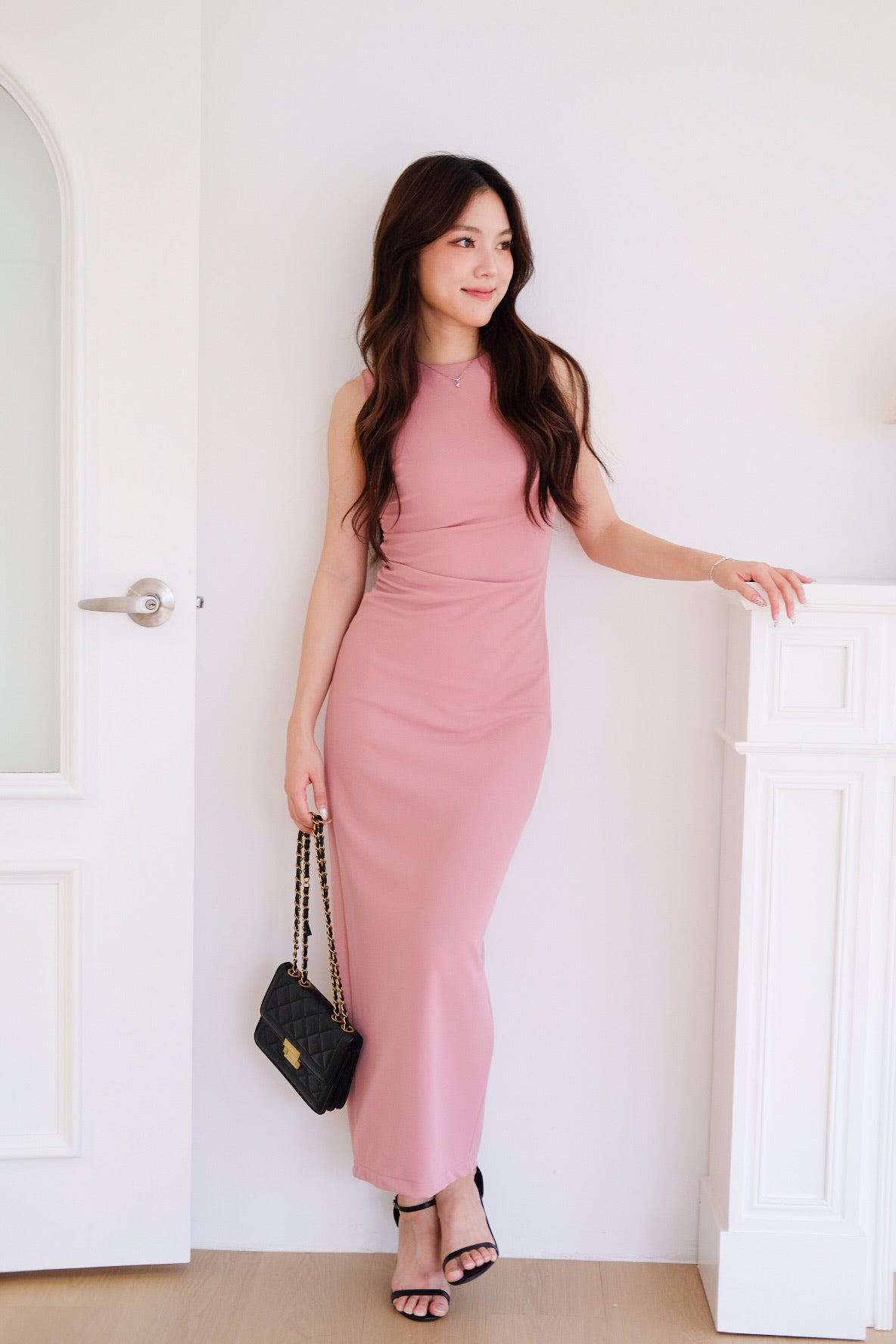 Brianna Ruched Jewel Bodycon Maxi Dress (Rouge Pink)