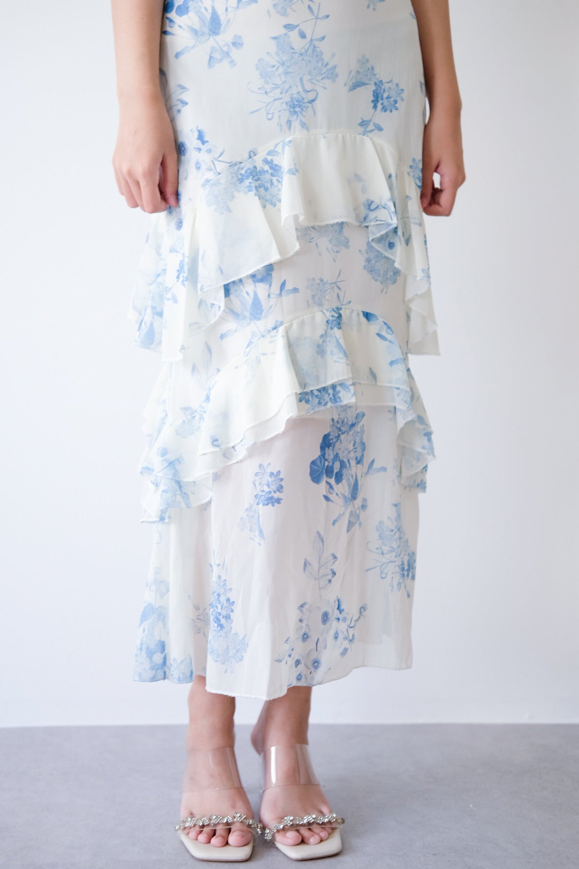 Blue Floral Off Shoulder Ruffle Maxi Dress