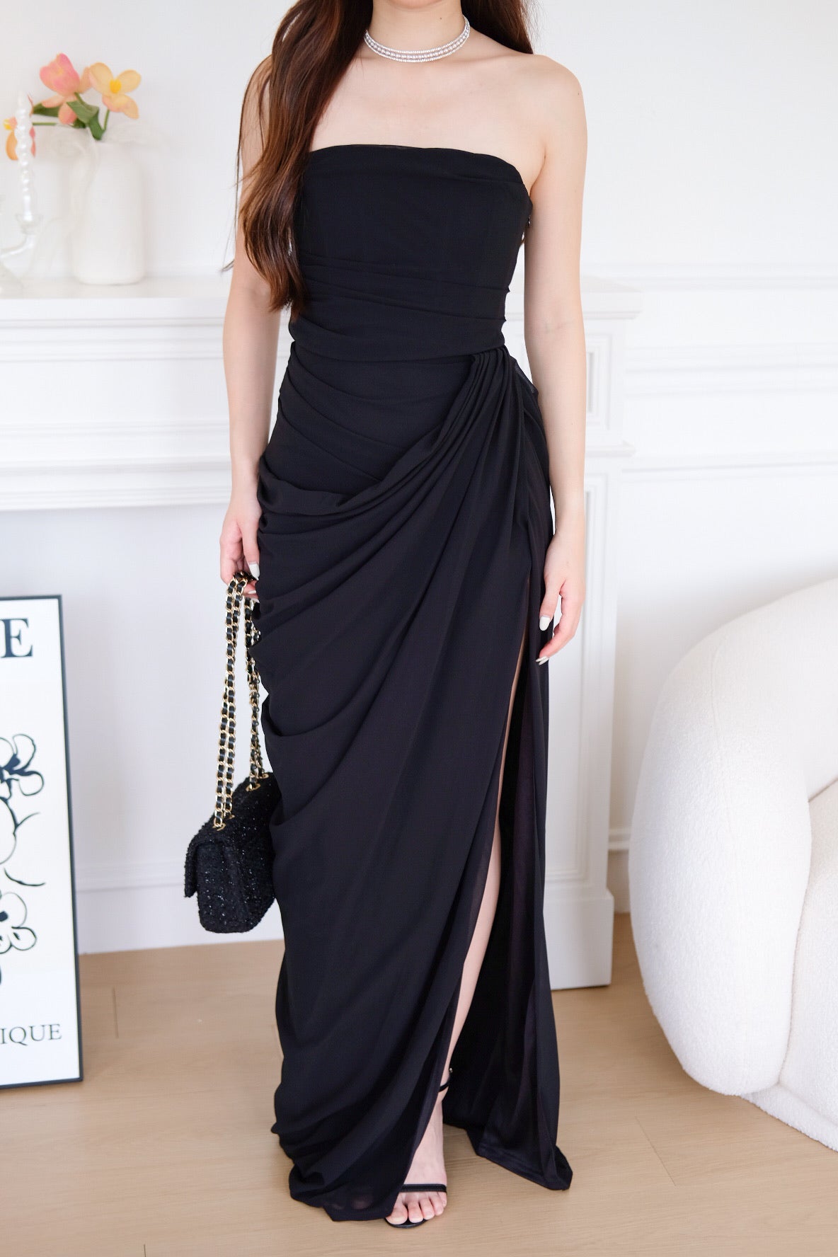 Seraphina Tube Corset Slit Maxi Dress (Black)