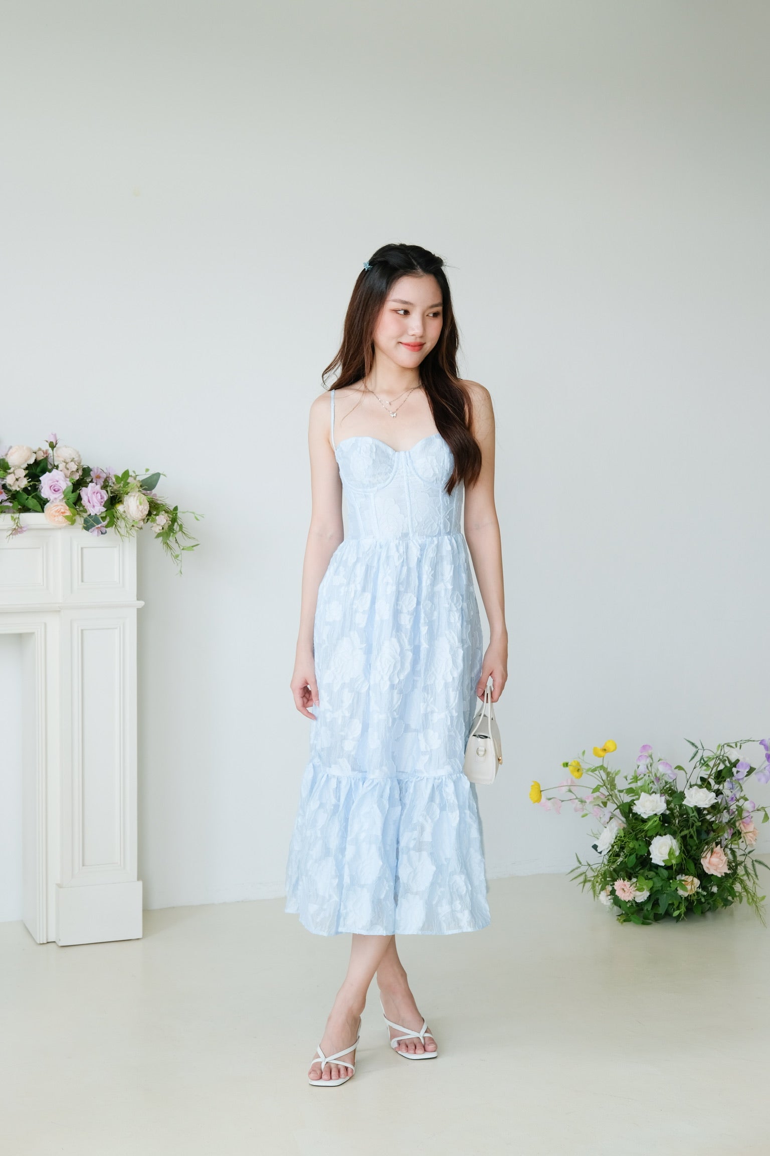 Natalia Floral Organza Midaxi Dress (Sea Blue)