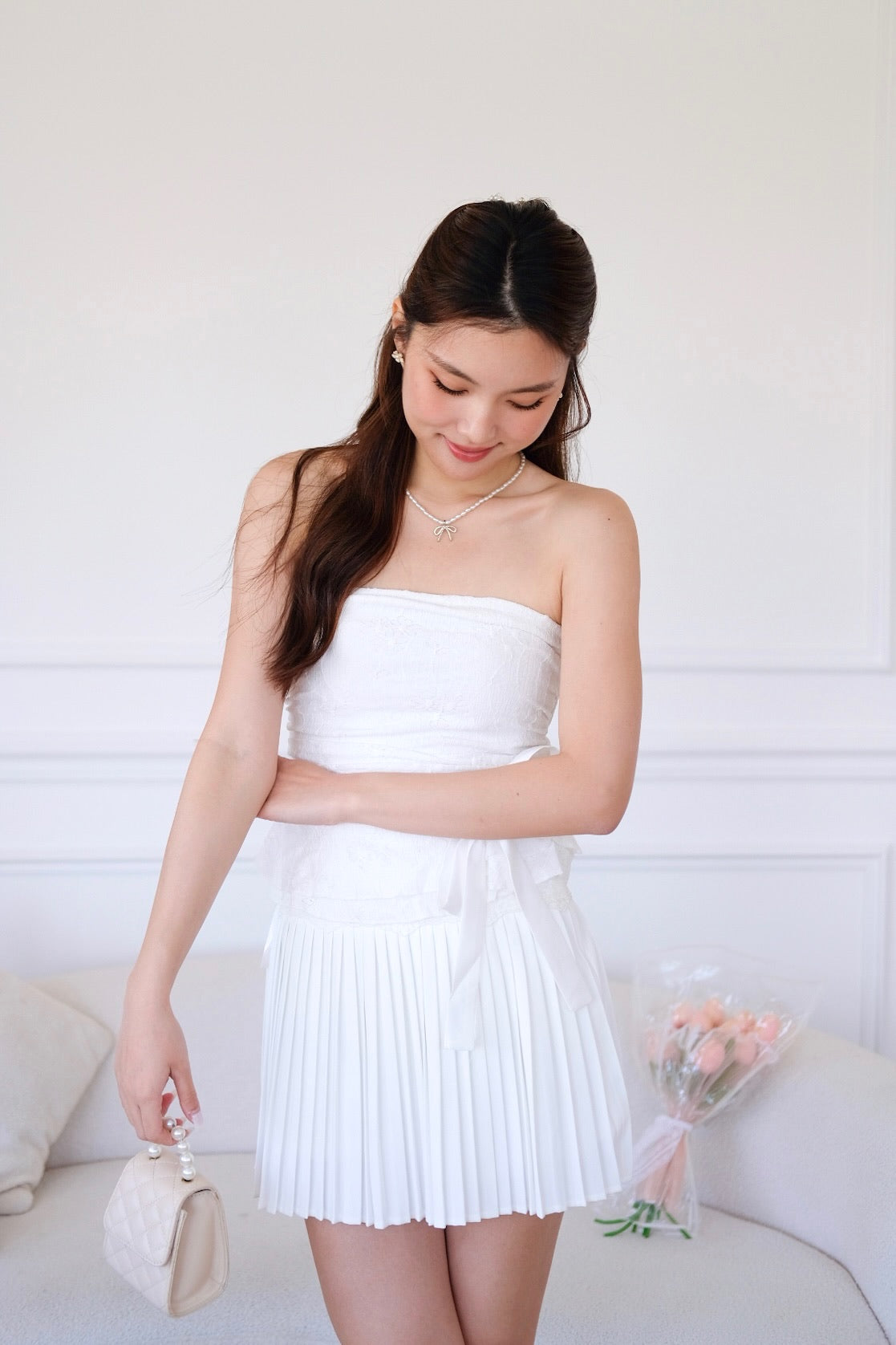 Cora Brocade Ribbon Tube Top (White)