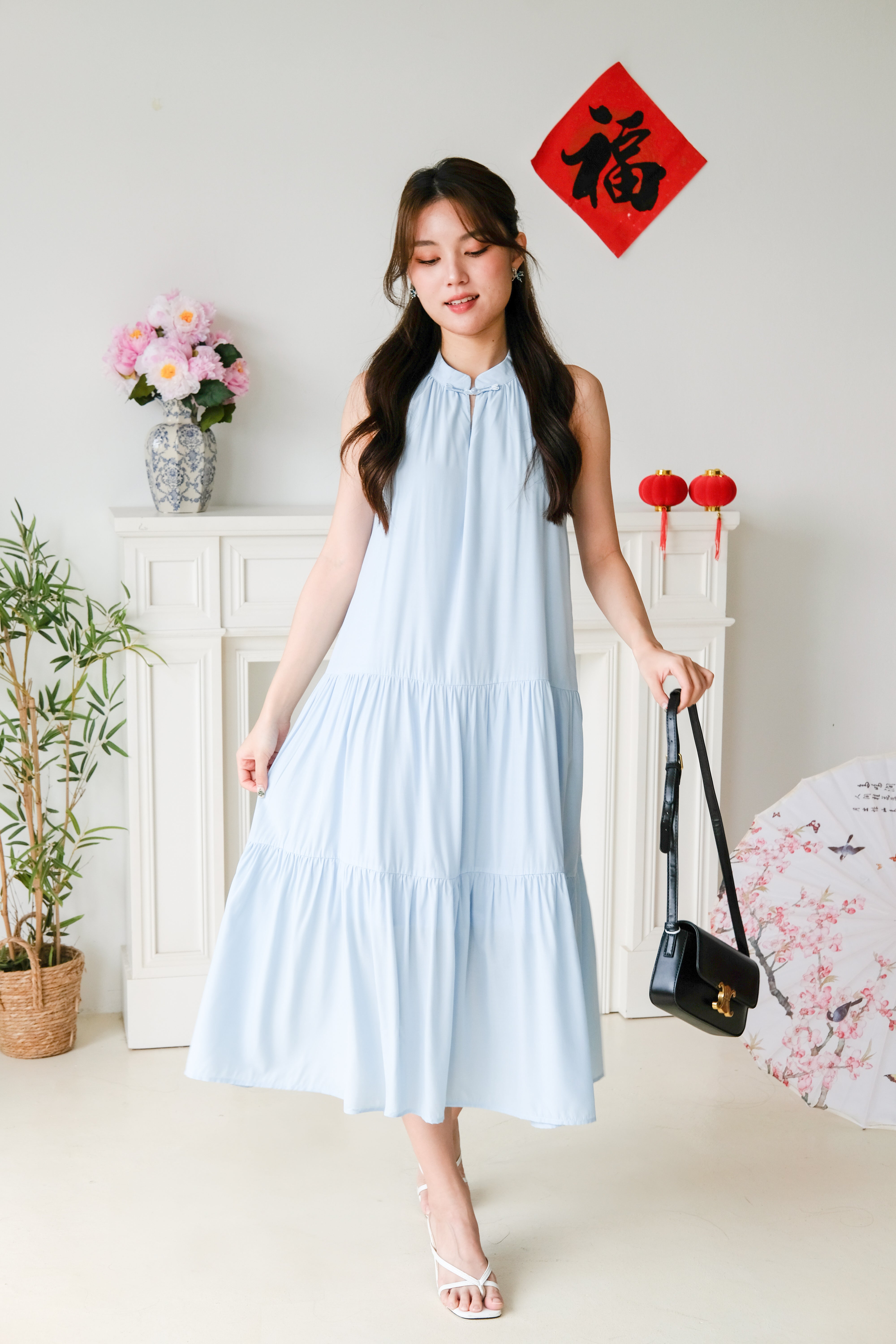 Qi Mandarin Collar Babydoll Tiered Dress (Sky Blue)