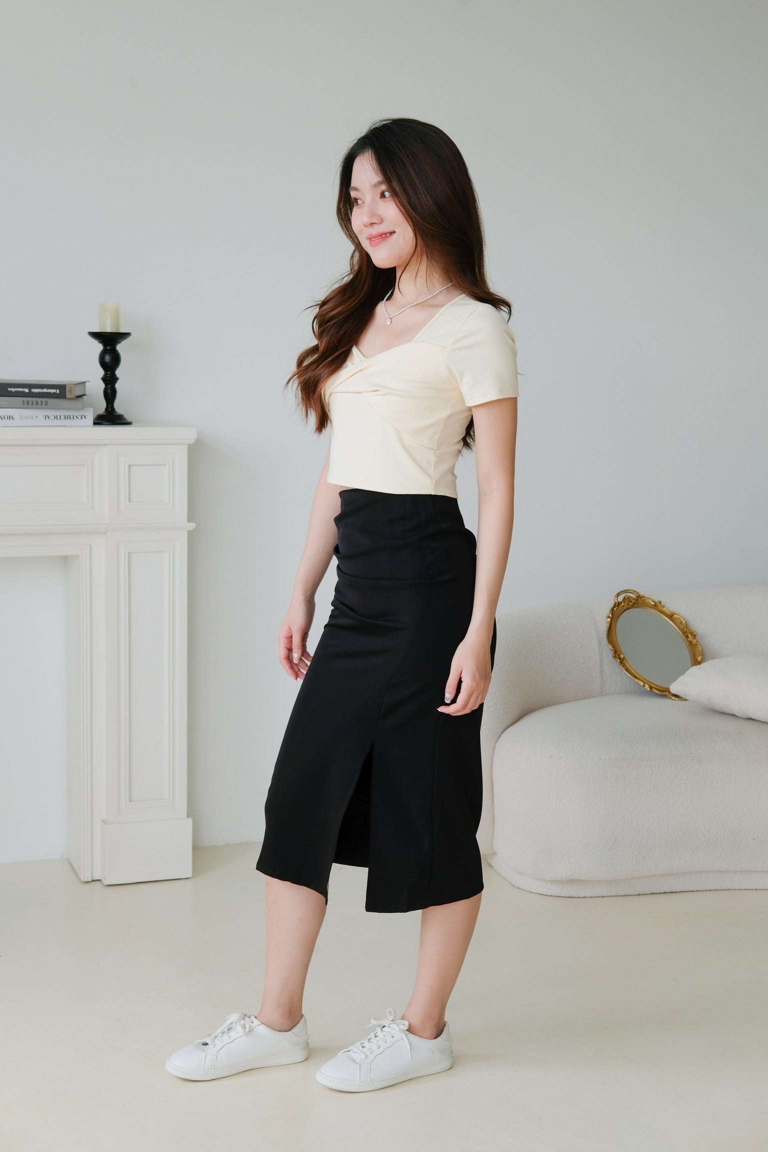 Adaline Ruched Side Slit Midi Skirt (Black)