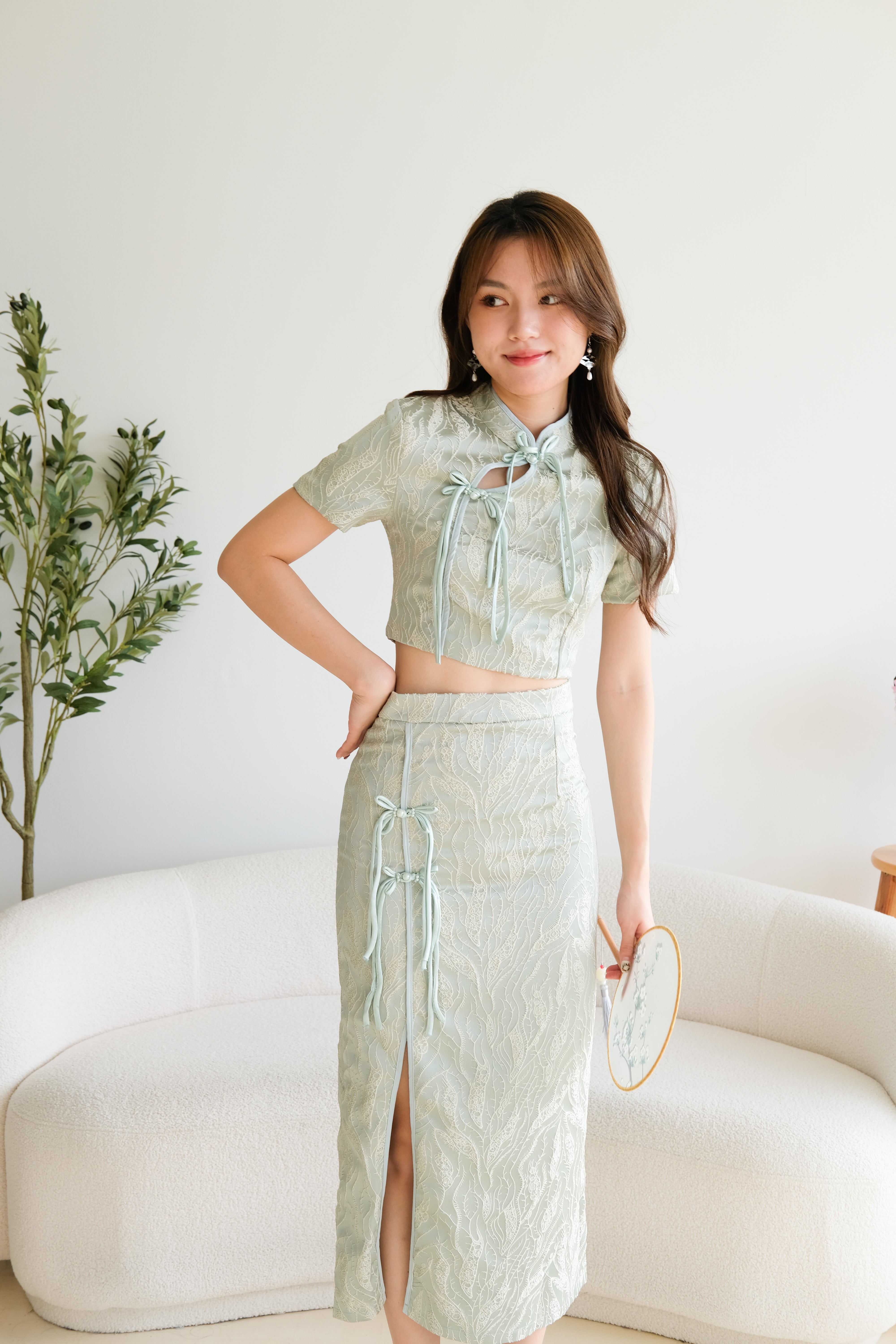 Ying Modern Midi Cheongsam Set (Light Pine Green)