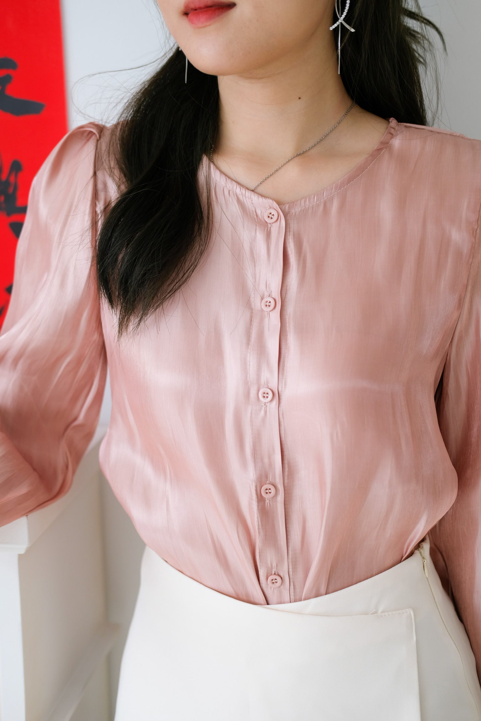 Zandra Gloss Satin Blouse (Champagne Pink)