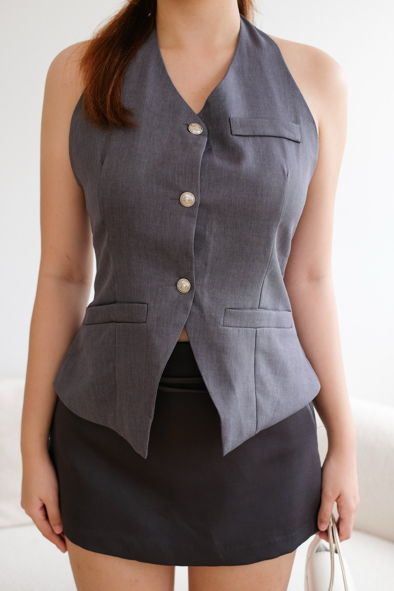 Grey Buttons Halter Top