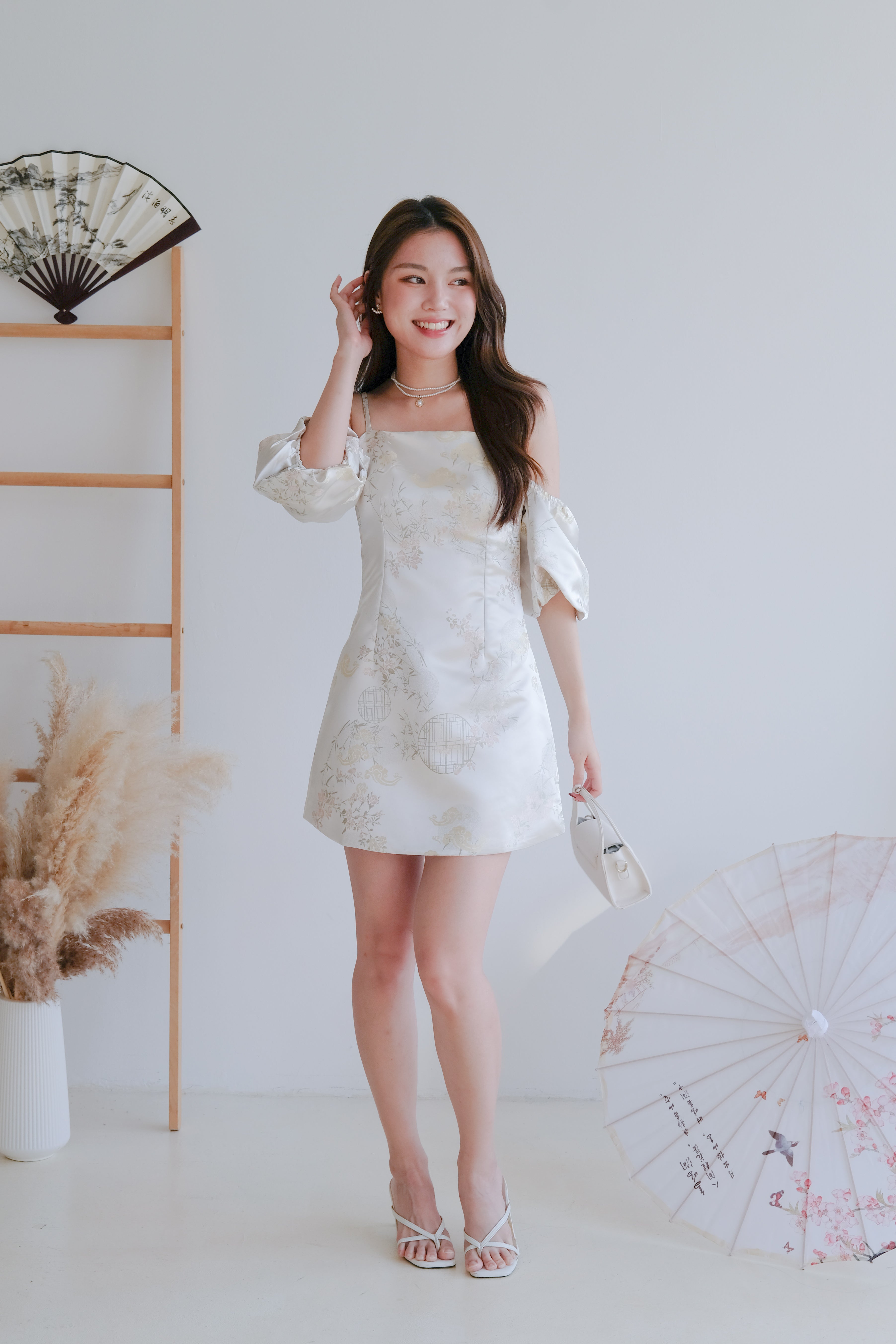 Ya Yun Tropical Cold Shoulder Dress (Pearl White)