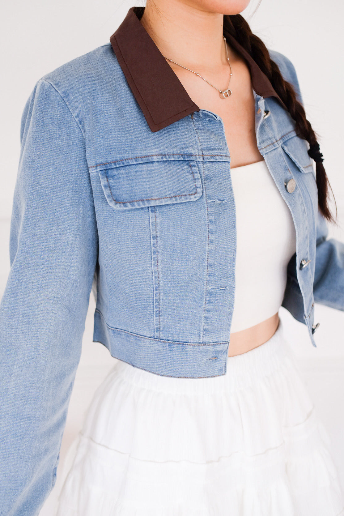 Crosby Contrast Denim Cropped Jacket (Light Blue)
