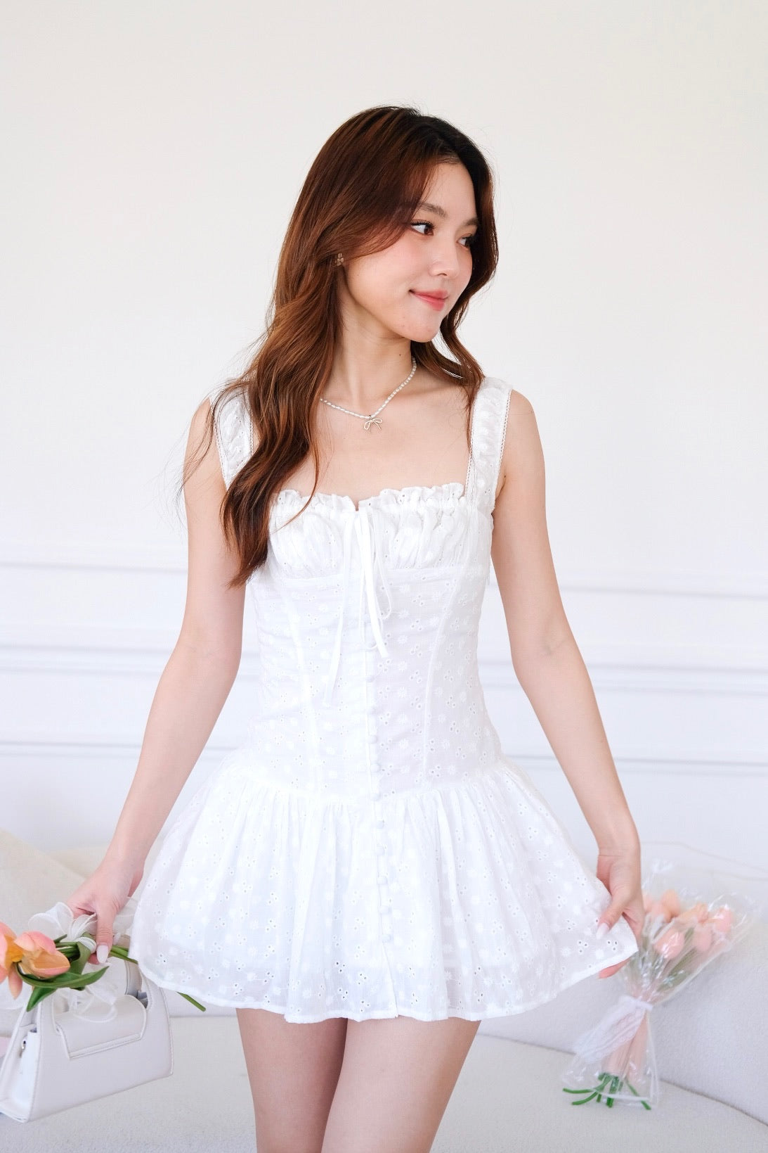 Avana Ruched Eyelet Dress (White)