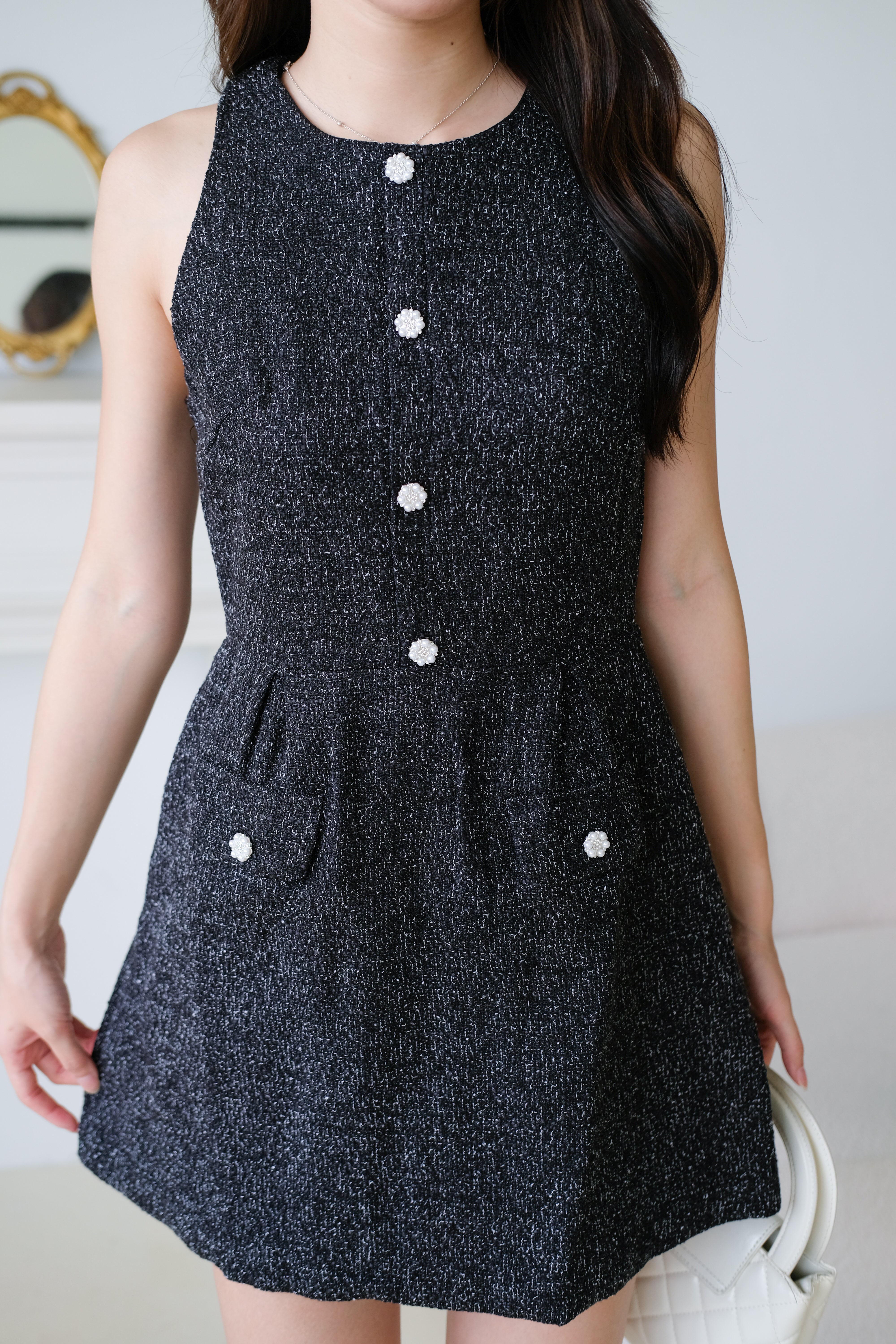 Pearly Tweed Halter Dress (Black)