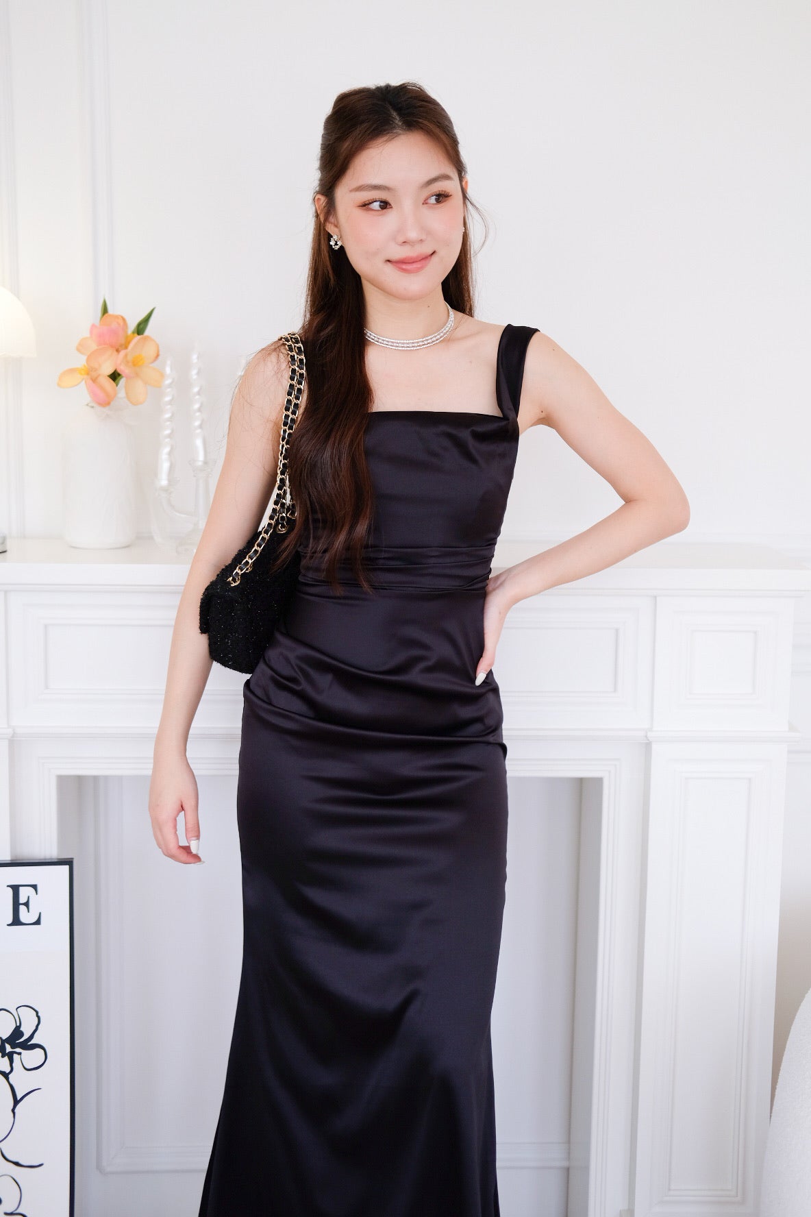 Ophelia Satin Mermaid Maxi Dress (Black)