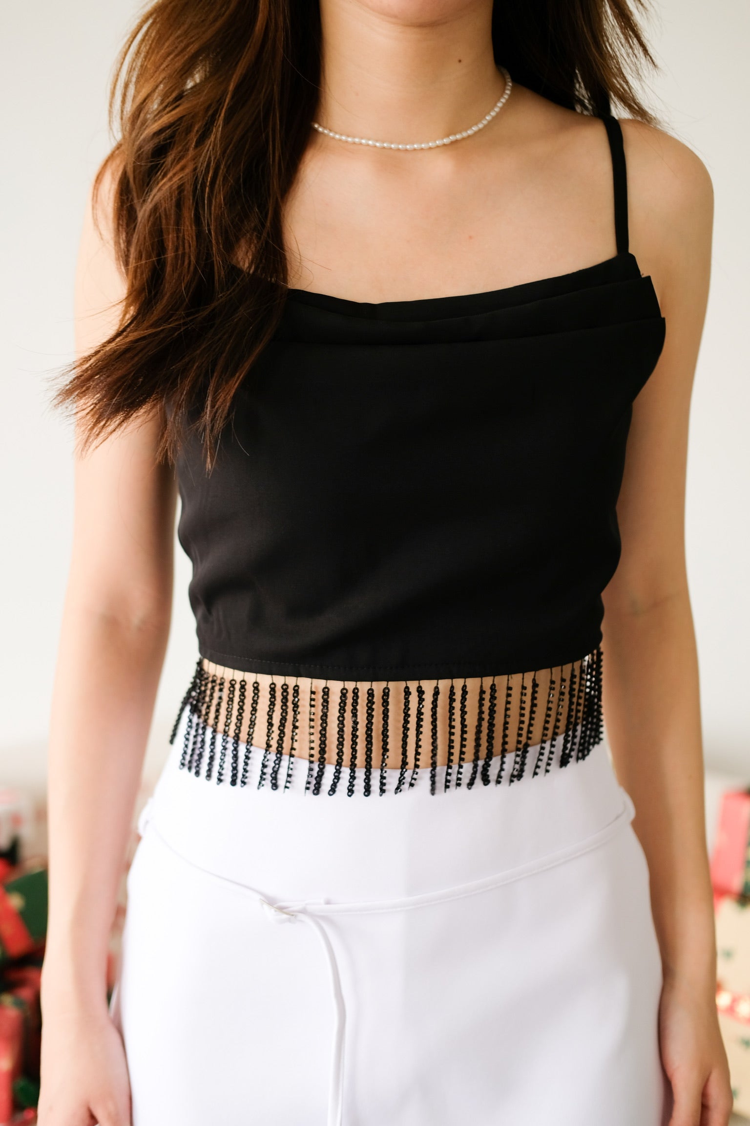 Amaria Embellished Tassel Crop Top (Black)