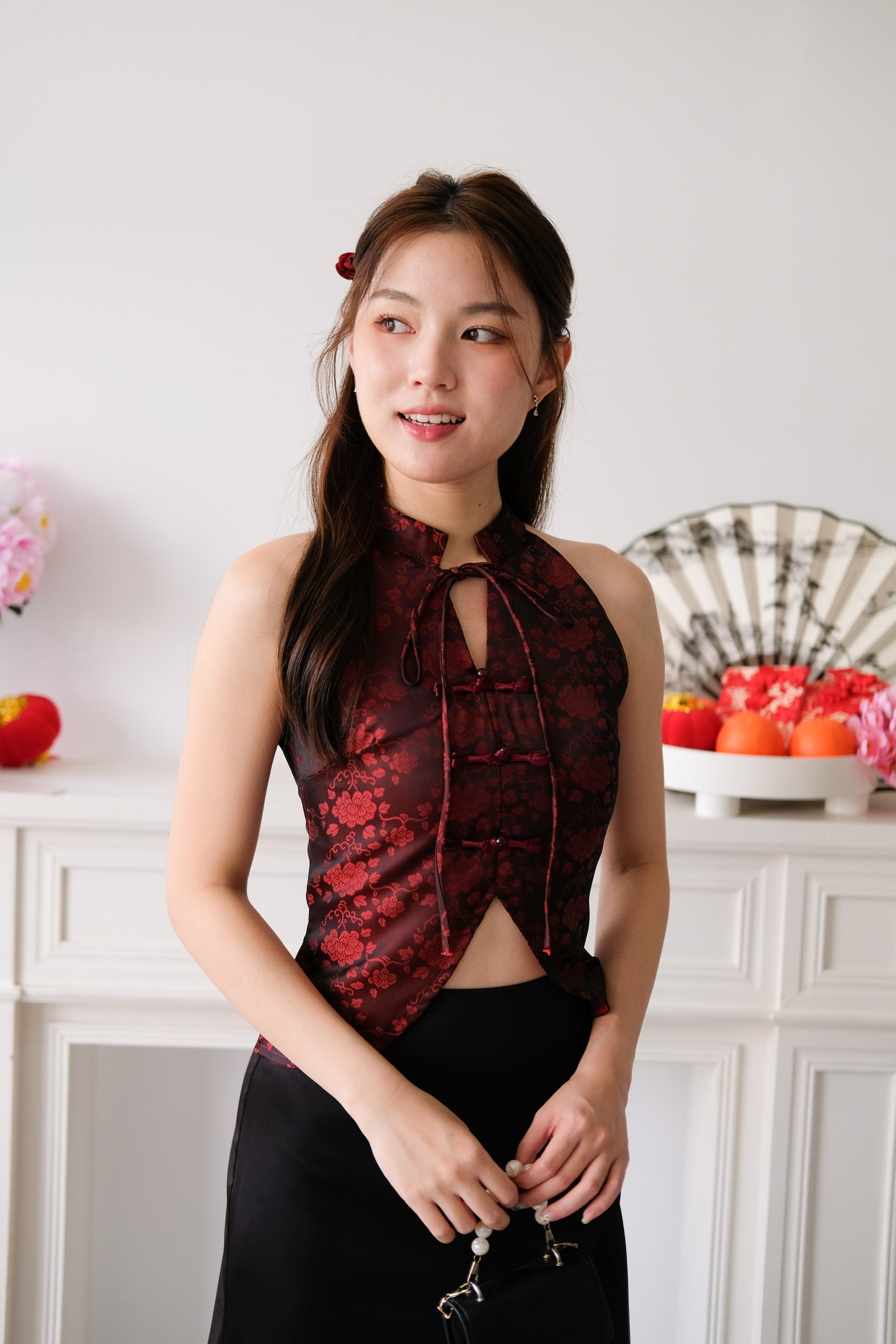Ning Xia Ribbon Cheongsam Top (Wine)