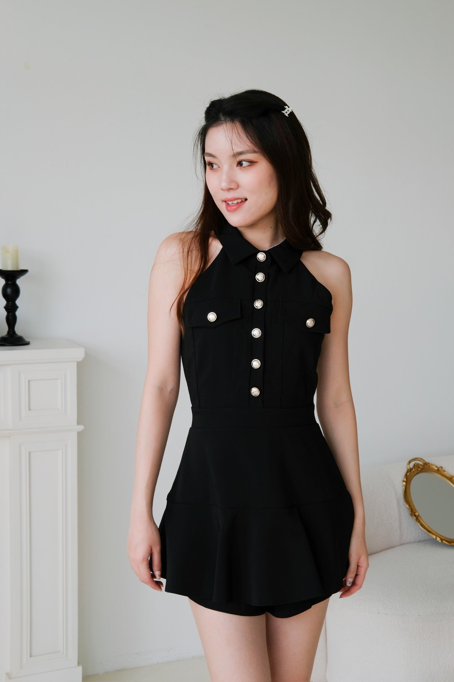 Dionne Gold Button Collared Romper (Black)