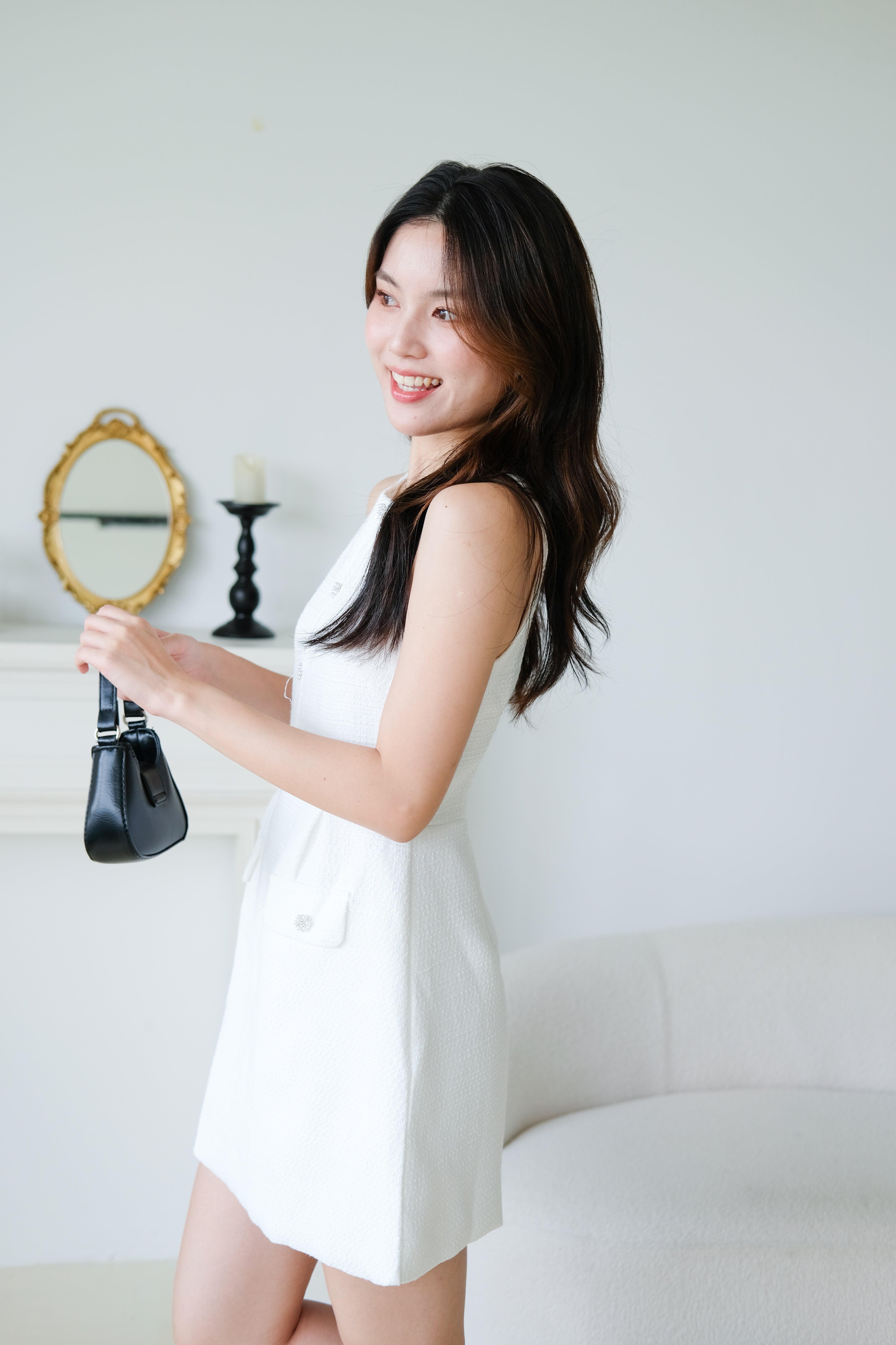 Pearly Tweed Halter Dress (White)