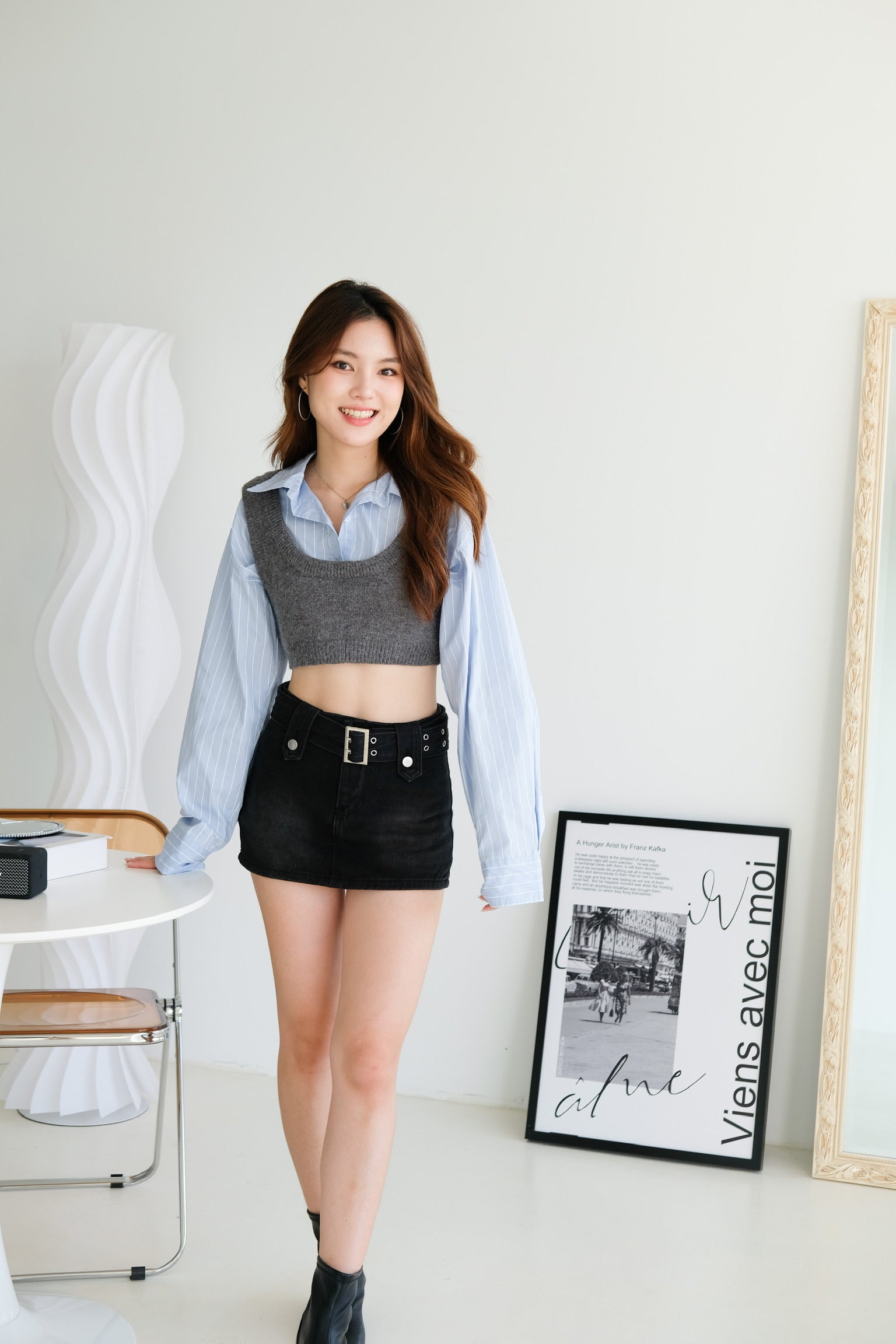 Faye Belt Denim Skirt (Denim Grey)